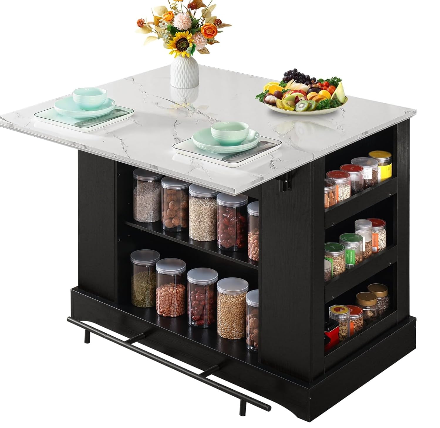 FUSUNBAO Large Kitchen Island with Storage, Power Outlet, Drawer, Adjustable Shelves, Side Compartments, Drop Leaf & Footrest, Black – Perfect for Small Kitchens and Open Floor Plans