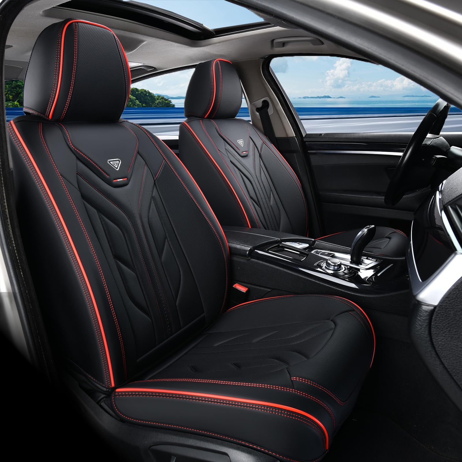 Leather Car Seat Covers 2PCS - Front Seat Protectors for Sedans & SUVs - Black & Red - Perfect for Daily Commute & Road Trips