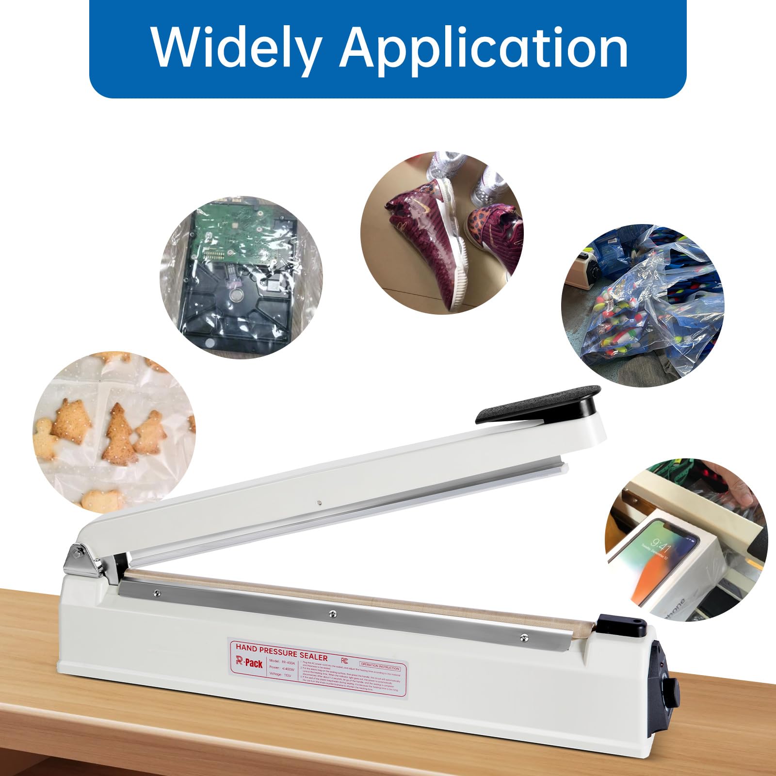 Heavy-Duty 16-Inch Impulse Heat Sealer with Seal Bar - Bag Sealing & Cutting Machine with 2 Extra Replacement Parts (White) - Perfect for Food Packaging, Vacuum Sealing & Industrial Use