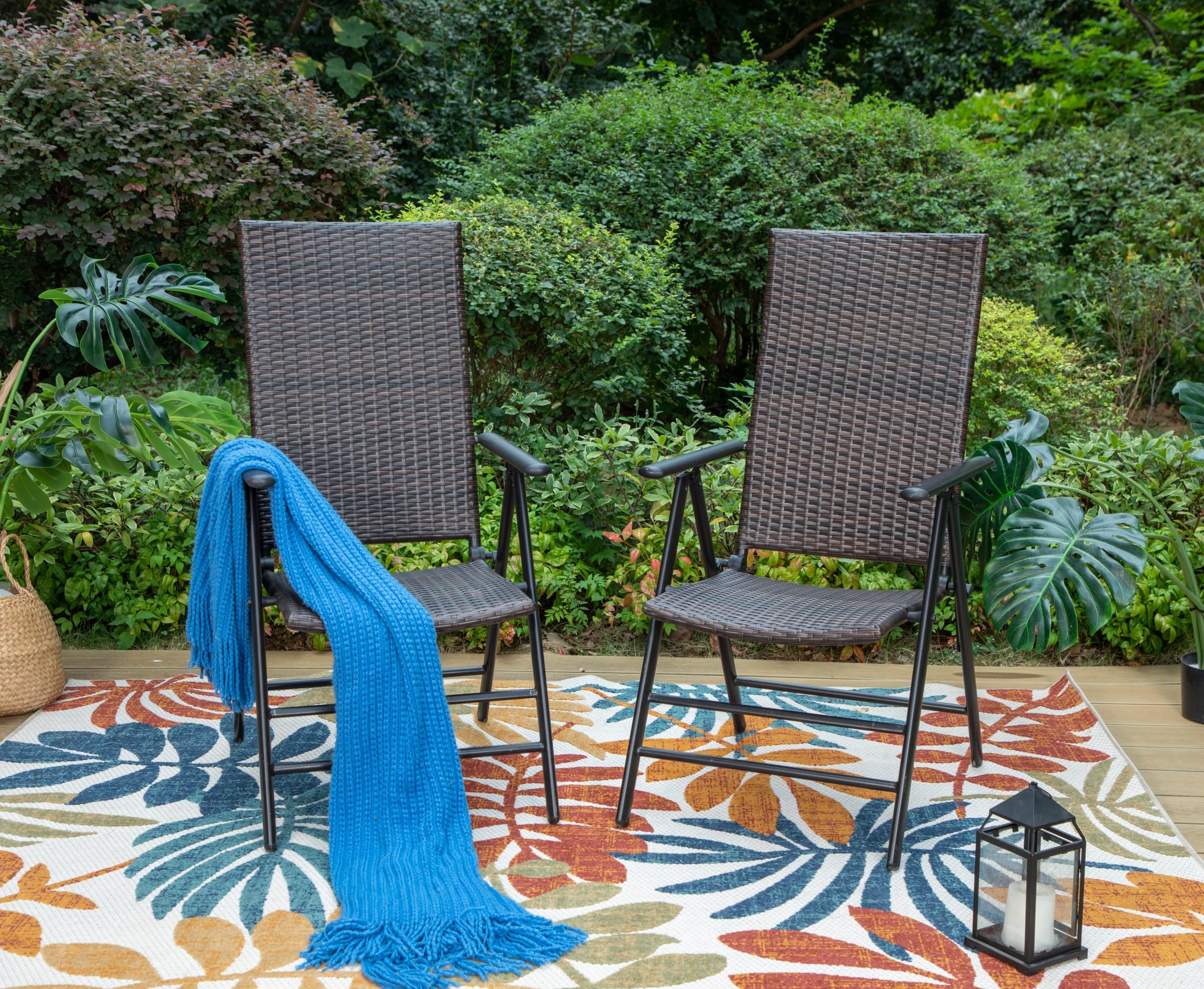 PHI VILLA Outdoor Wicker Dining Chairs Set of 2 - Adjustable Folding Patio Chairs with Cushions, All-Weather Rattan Furniture for Deck, Porch, Poolside, Backyard & Garden - Perfect for Dining, Lounging and Entertaining Guests