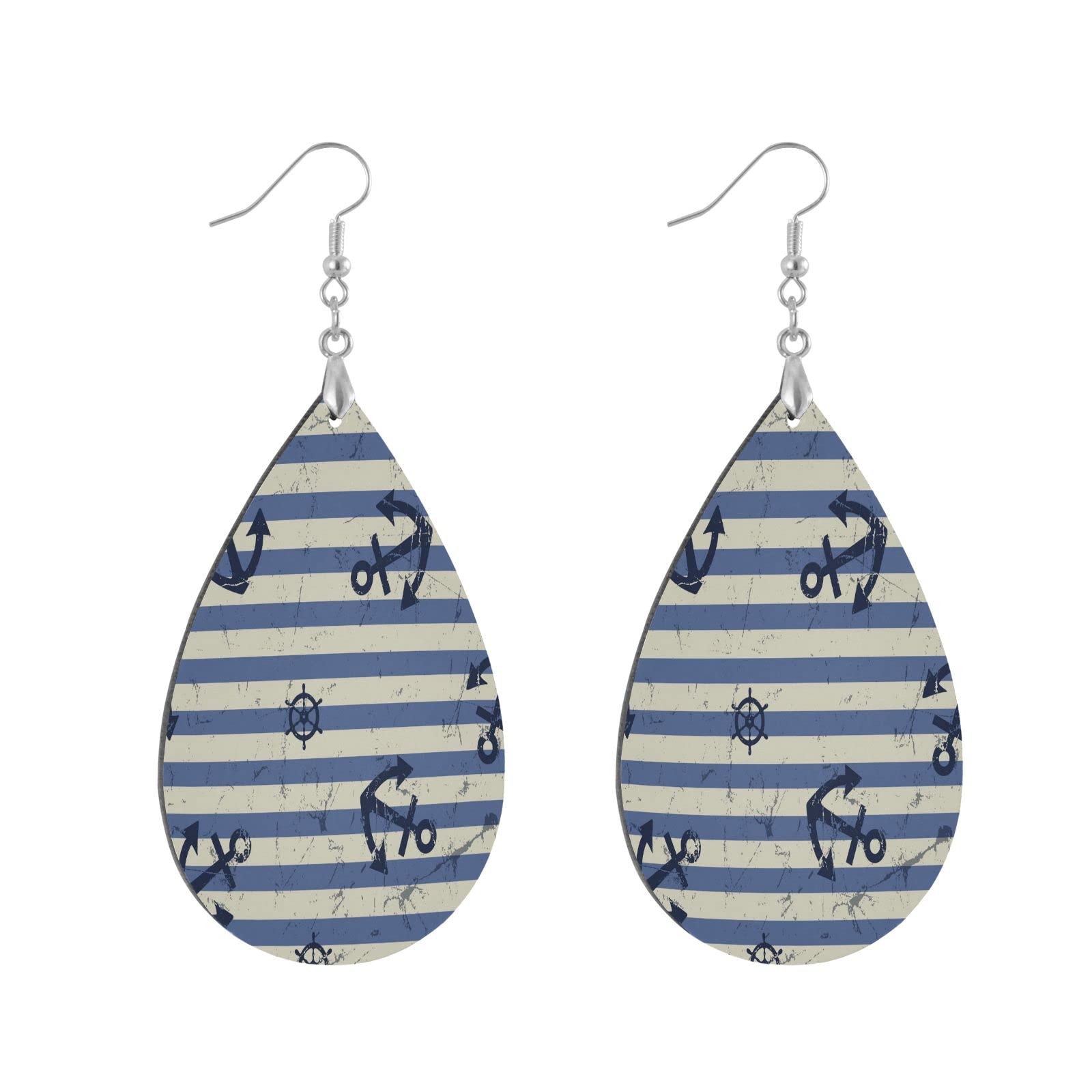 Vintage Nautical Anchor Stripe Teardrop Dangle Earrings - Lightweight Wooden Drop Earrings for Women & Girls - Statement Jewelry Gift - Perfect for Beach Parties, Summer Outfits and Casual Wear