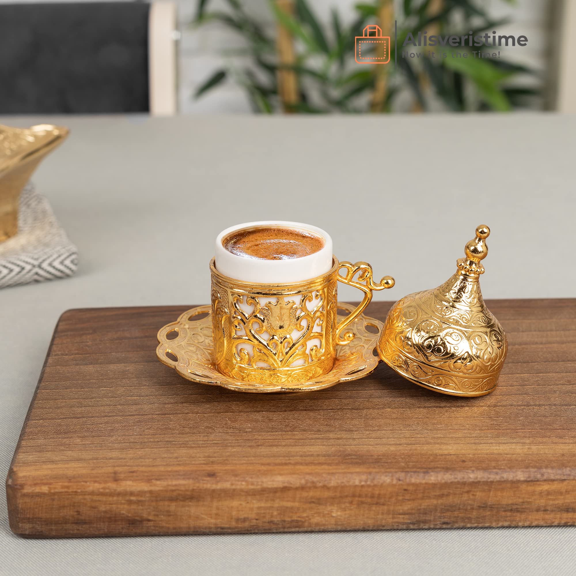 Premium 6-Piece Turkish Coffee Cup Set with Saucers & Lids - Ottoman Tulip Design (Gold/Lale) - Traditional Espresso Cups for Home, Cafe & Gift Giving