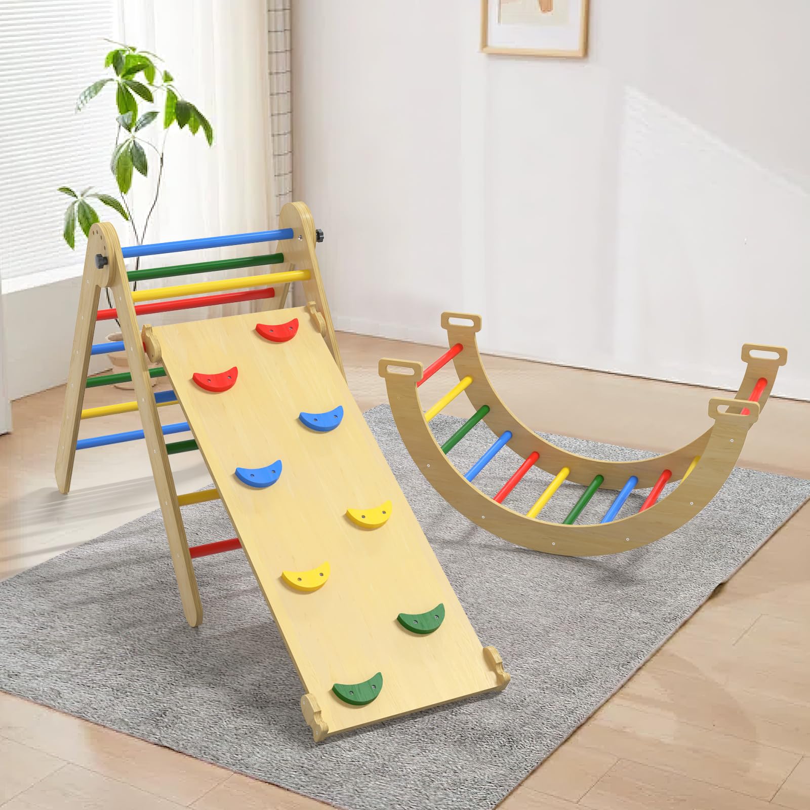 5-in-1 Pikler Triangle Climbing Set | Montessori Toddler Gym for Ages 1-3 | Indoor Jungle Playground Equipment | Rainbow Wooden Climbing Toys for Kids | Perfect for Home Playrooms & Daycare Centers