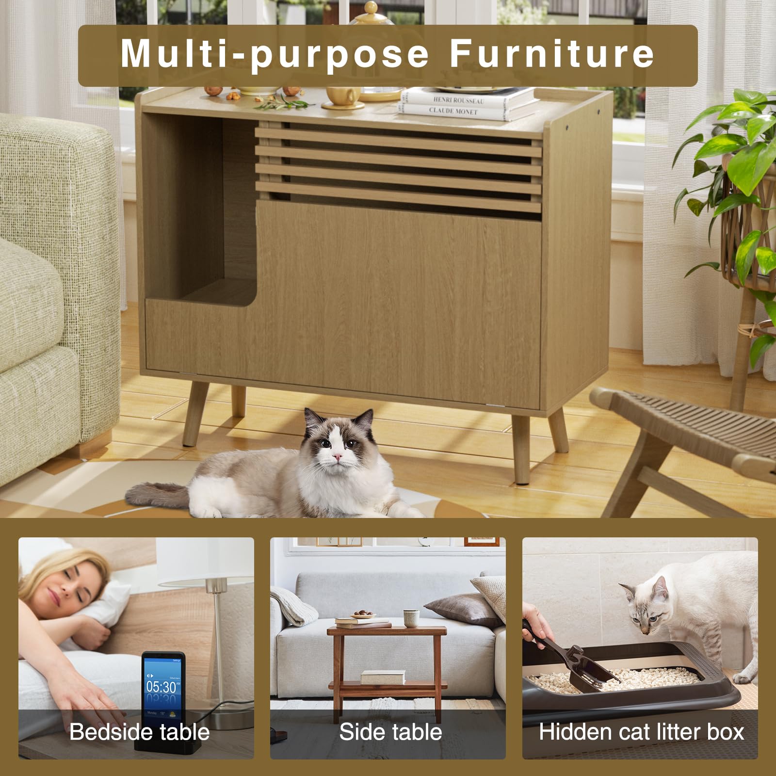 Mid-Century Modern Cat Litter Box Enclosure Furniture - Hidden Litter Box Cabinet with Scratch Pad & Flip-Down Door, Natural Wood End Table for Living Room | Pet Washroom Solution for Home Decor
