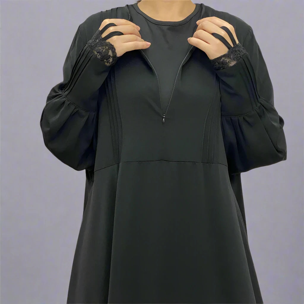 Elegant Front Zipper Lace Sleeve Muslim Abaya Dress for Women - Modest Islamic Prayer Dress for Mosque, Eid & Special Occasions