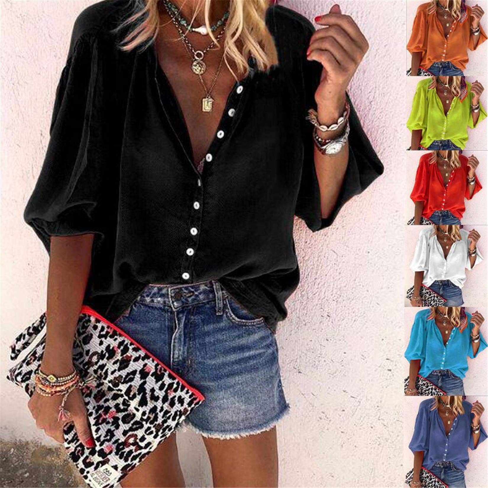 Andongnywell Women's Casual V-Neck Long Sleeve Chiffon Blouse - Solid Color Button Down Shirt for Work, Office & Everyday Wear
