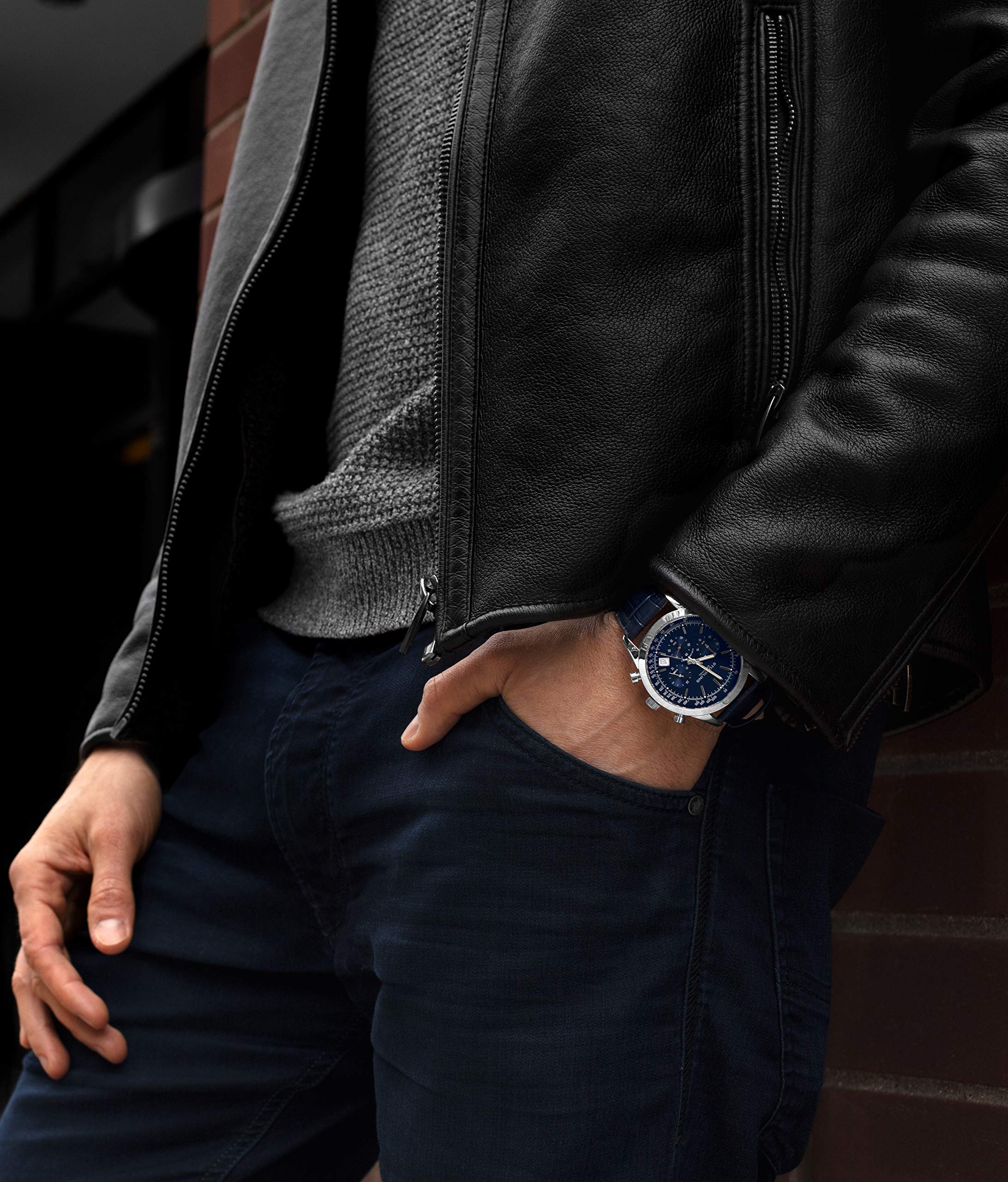 Stuhrling Original Men's Chronograph Watch - Blue Analog Dial with Date, Tachymeter & 24-Hour Subdial - Genuine Leather Strap - Rialto Collection - Perfect for Business, Casual & Formal Occasions