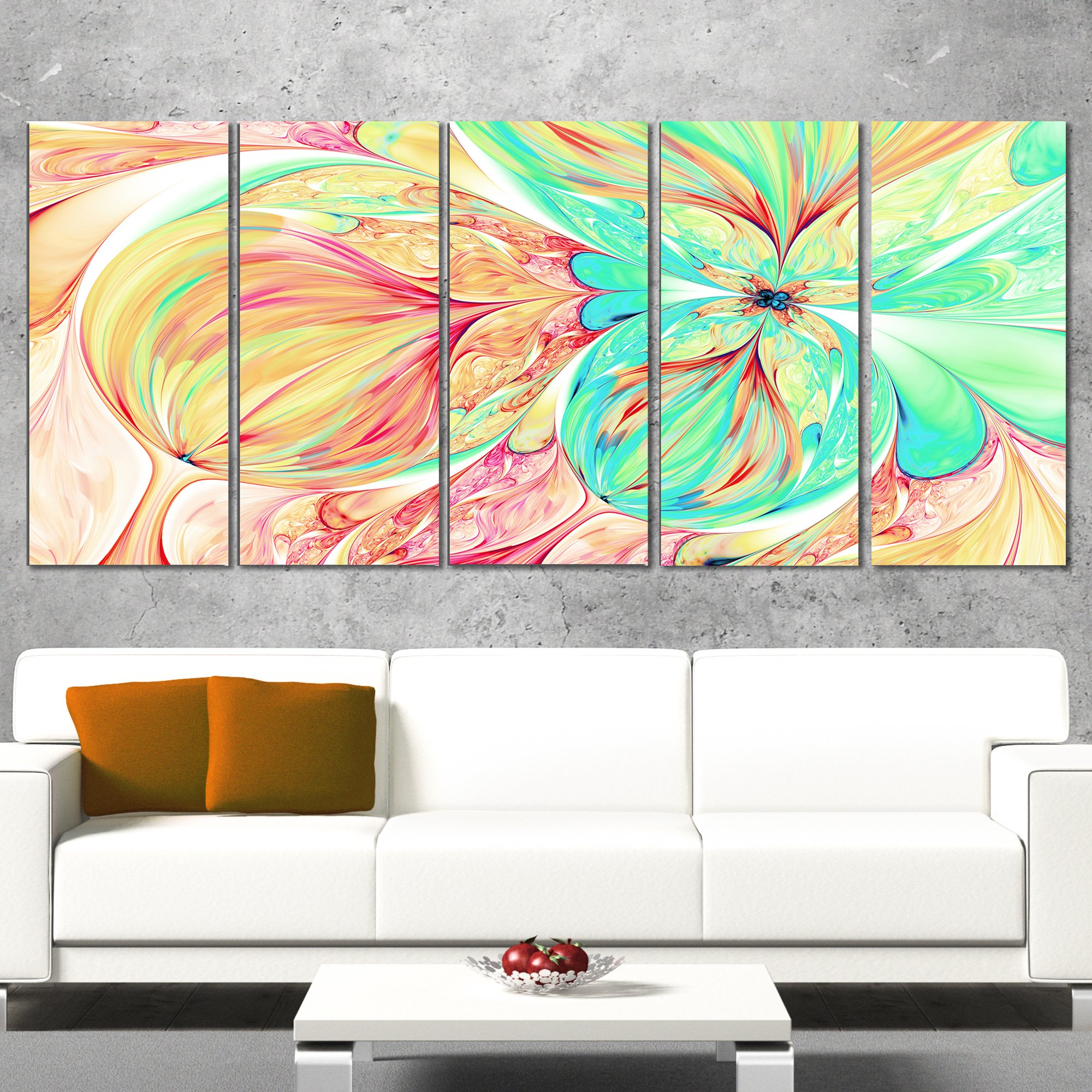 Designart Red Green Paper Flower Floral Art Canvas Print - 60x28 Inches 5 Piece Set of Equal Panels - Modern Wall Decor for Living Room, Bedroom & Office