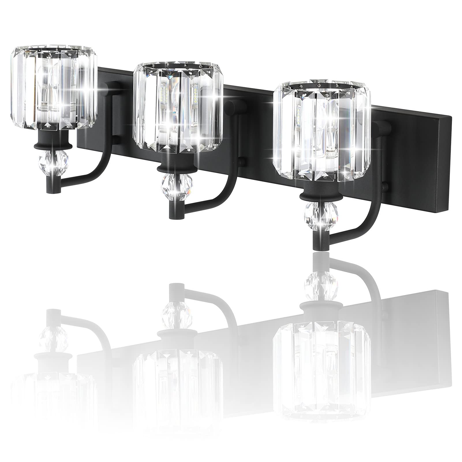 Ralbay 3-Light Black Crystal Bathroom Vanity Light Fixture - Modern Matte Black Wall Sconce for Mirror Lighting, Perfect for Bathroom, Powder Room, and Dressing Room Makeup Area