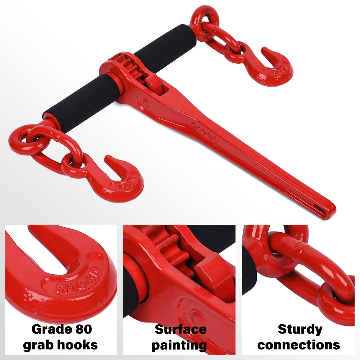 5/16'' - 3/8'' G80 Transport Chain Binder Set with Ratchet Load Binder (10ft Chain, 4,700lbs Capacity) - Heavy Duty Tie Down for Trucking, Towing & Cargo Securing