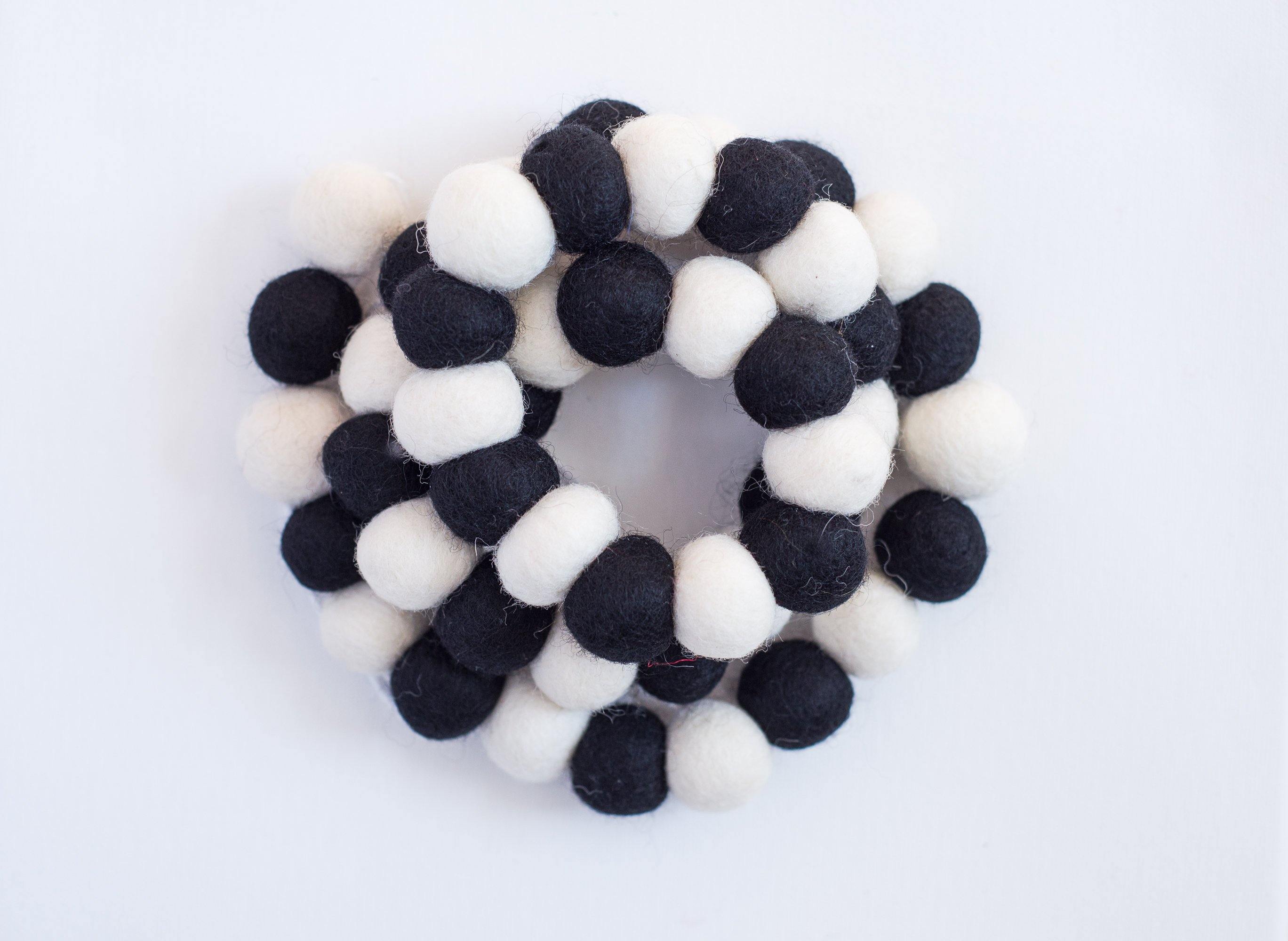 Handmade Black and White Felt Ball Garland - 6 Feet Decorative String for Nursery, Wedding, Party & Home Decor