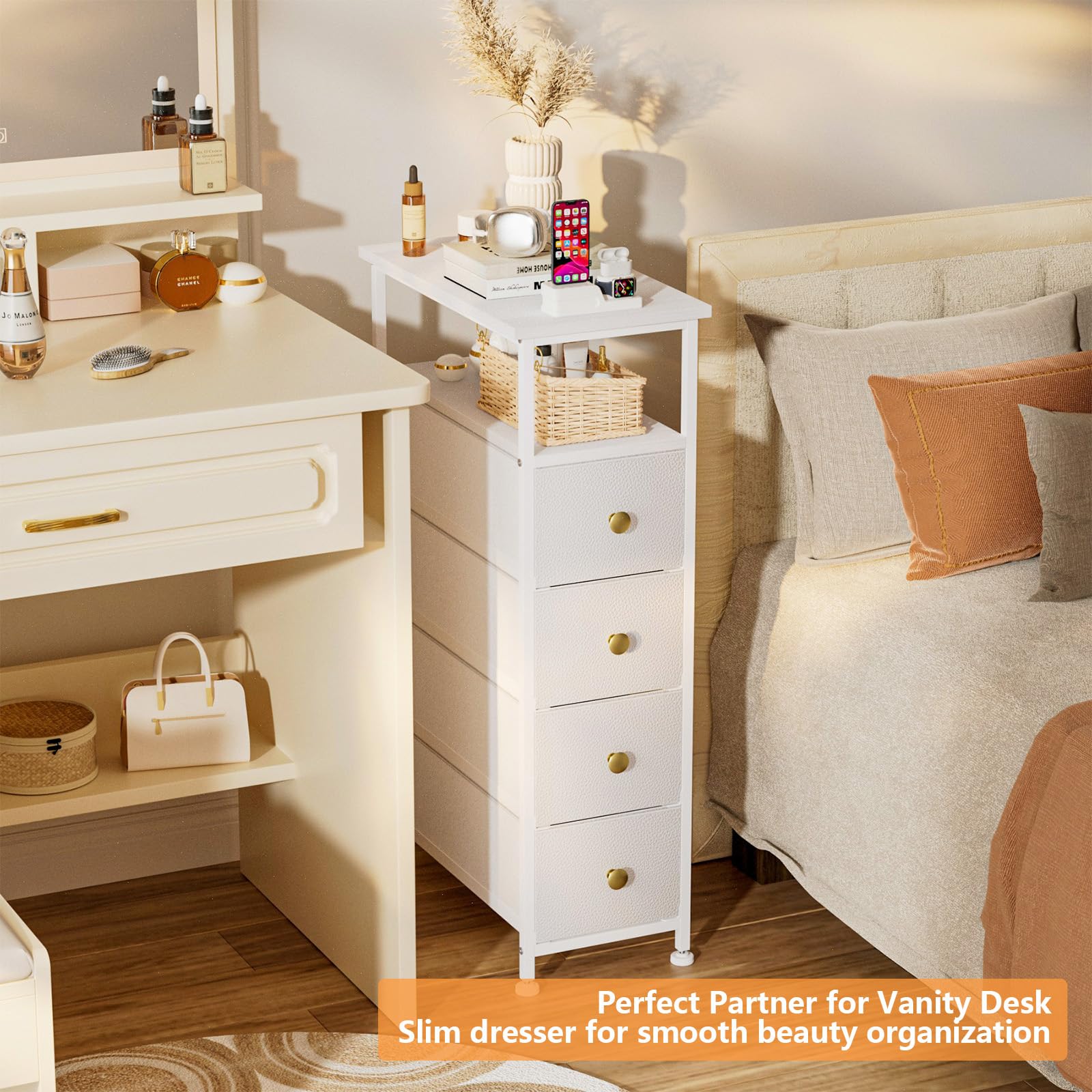 Slim White Dresser for Bedroom - 4 Fabric Drawer Storage Tower with Wood Shelf | Space-Saving Organizer for Small Spaces, Bathroom, Laundry & Closet | Perfect for Apartments, Dorms & Tiny Homes