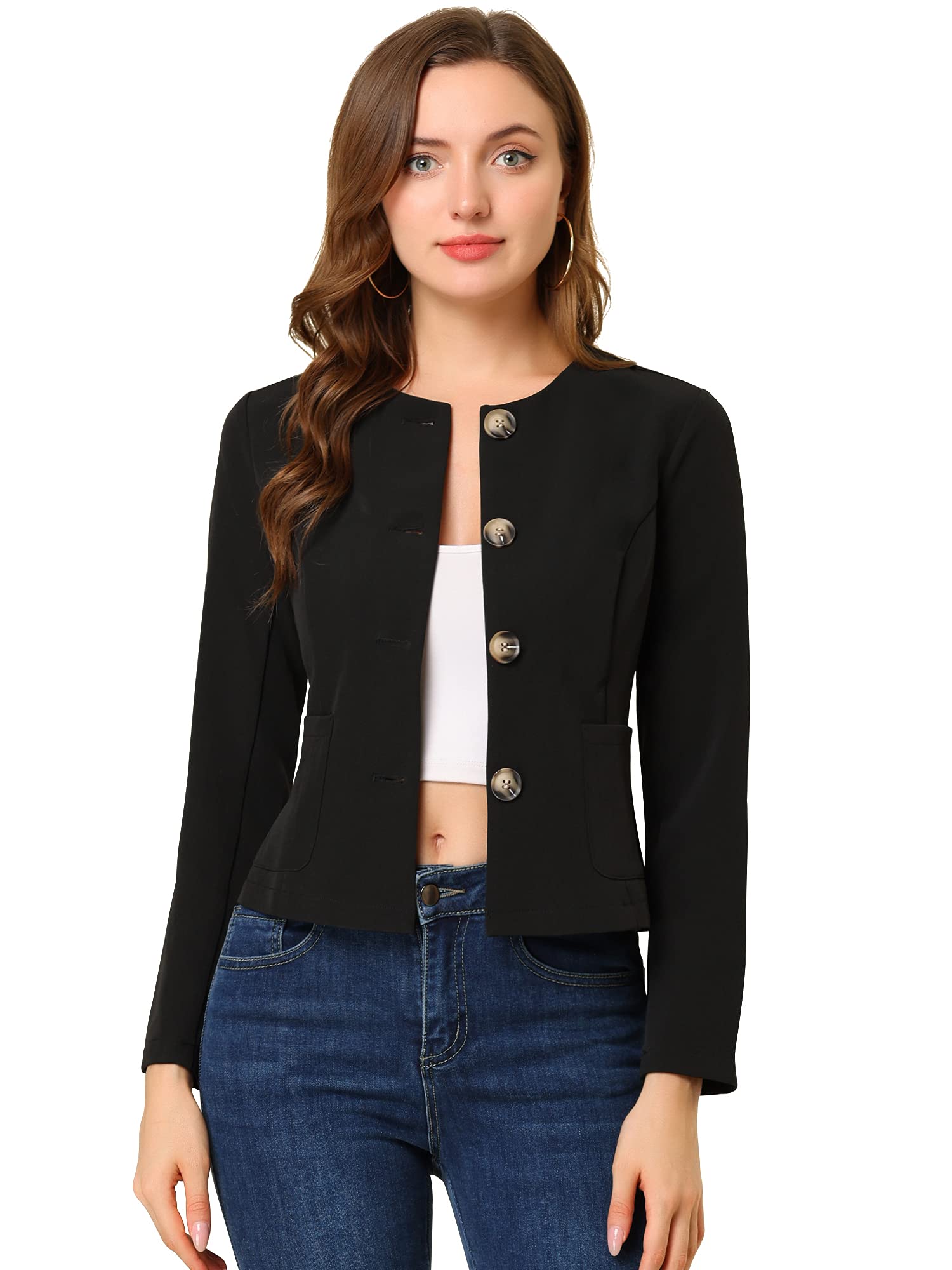 Allegra K Women's Cropped Blazer Jacket - Elegant Long Sleeve Button Down Office Blazer for Spring & Casual Wear | Perfect for Work, Business Meetings & Smart Casual Outfits