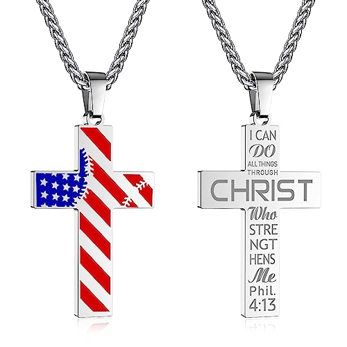 1.American Flag Baseball Cross Necklace_413