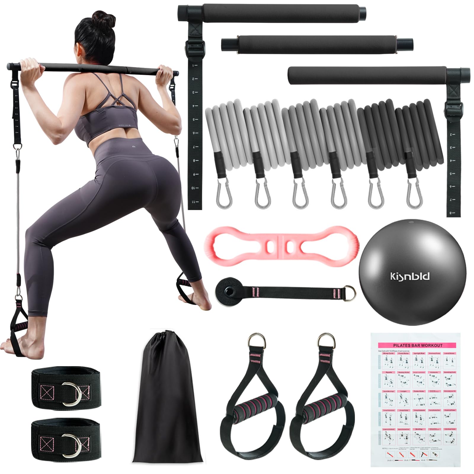 Premium Pilates Bar Kit with 5 Resistance Bands - Adjustable Home Workout Equipment for Women | Yoga, Stretching & Strength Training | Portable Gym Accessories for Home, Office & Travel