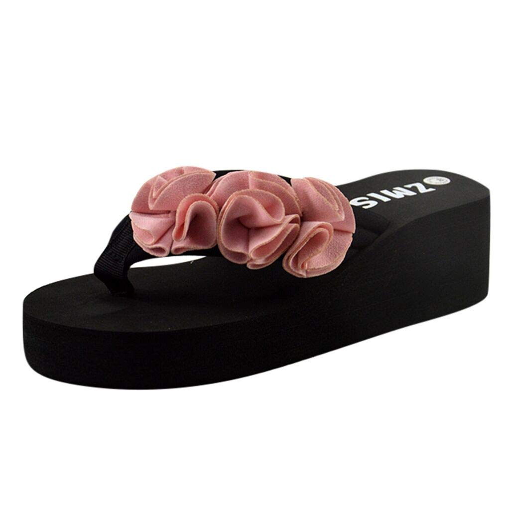 Women's Non-Slip Flower Clip Flip Flops - Comfortable Beach Sandals with Wedge Heel for Summer, Size 11 (Pink) - Perfect for Poolside, Vacation, and Casual Outings