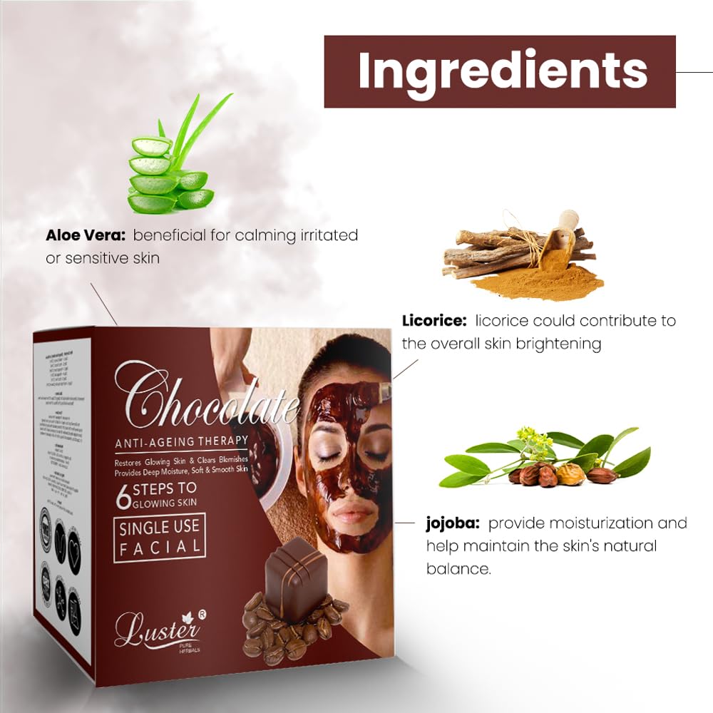 Luster Chocolate & Haldi Chandan & White Pearl Facial Kit - 6 Step Mini Facial Kit for Women & Men | Paraben & Sulfate Free (40g Each) | Perfect for Travel, Spa Days & Quick Skin Refresh
