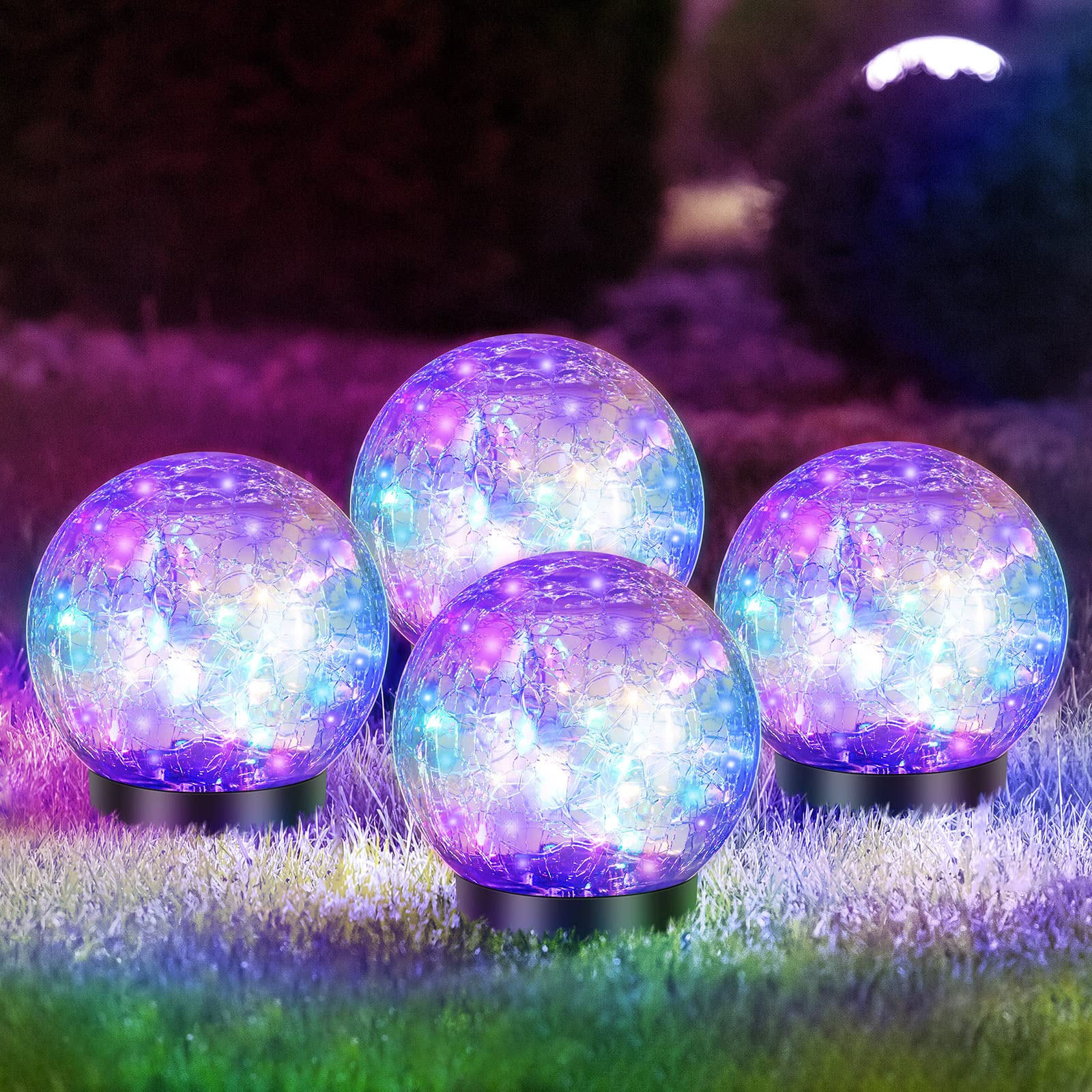 4 Pack Solar Garden Lights - Cracked Glass Ball LED Solar Globes, Waterproof Outdoor Landscape Lighting for Yard, Patio, Flower Bed, Lawn (Multicolor, 4.7 Inch) - Perfect for Backyard Decor, Pathway Illumination & Evening Ambiance