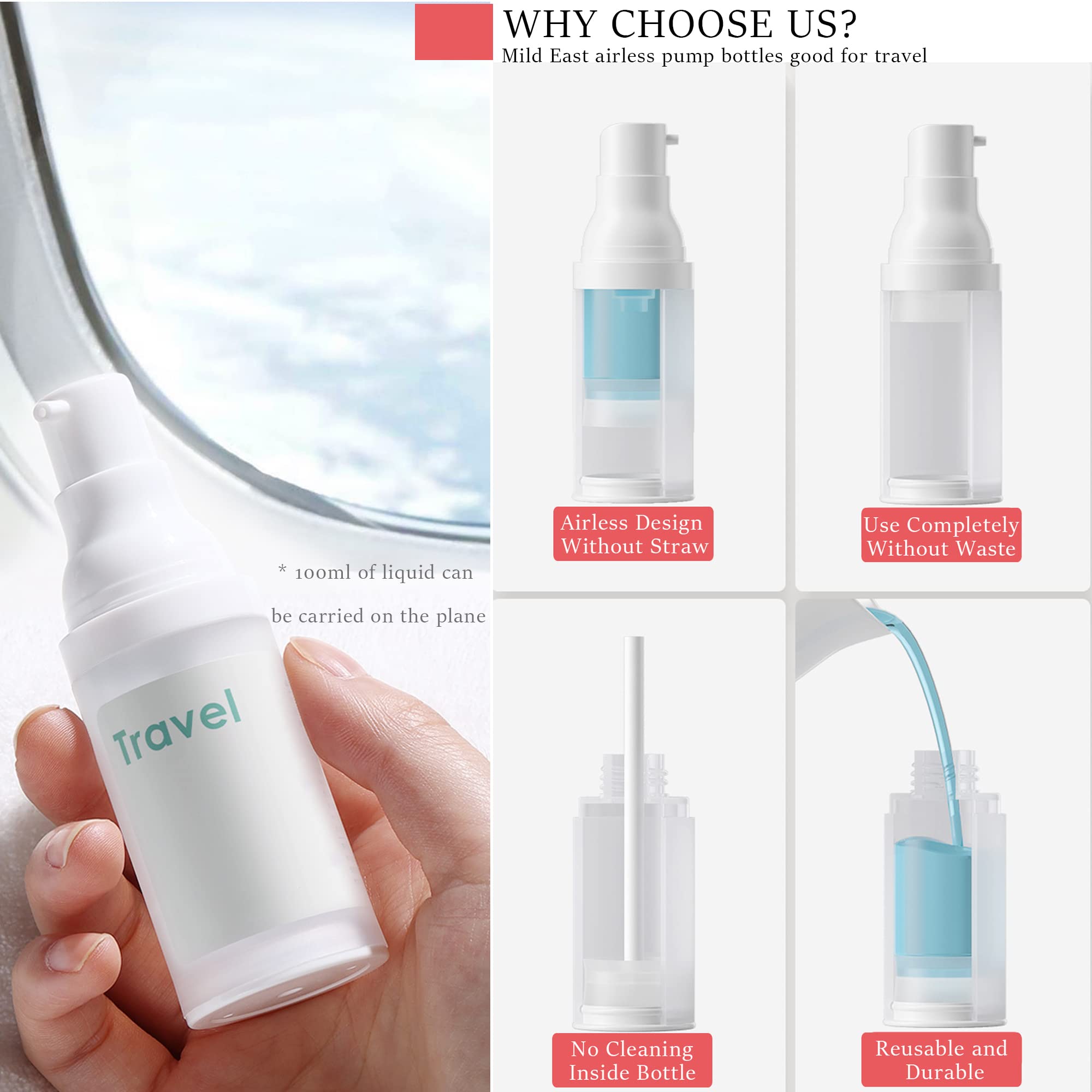 Airless Pump Bottles for Cosmetics - Refillable Travel Containers for Creams, Gels & Lotions with Spatula | Perfect for Skincare, Makeup & Toiletries On-The-Go