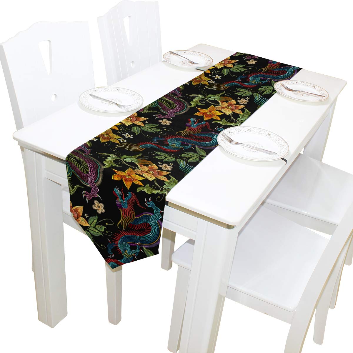 Golden Dragon Table Runner - Asian Floral Home Decor for Dining & Parties