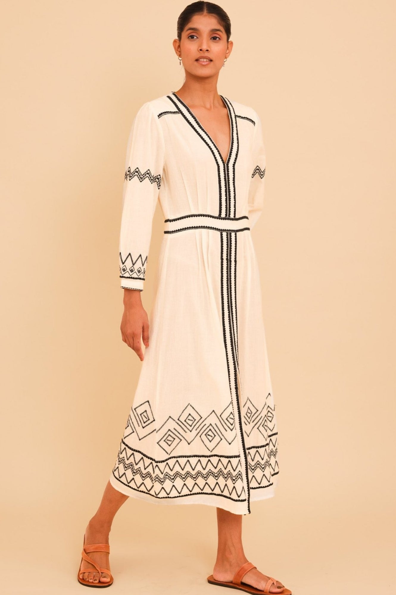 Jamila Embroidered Maxi Dress for Women | Elegant Ecru & Black Floral Embroidery | Perfect for Weddings, Parties & Summer Vacations