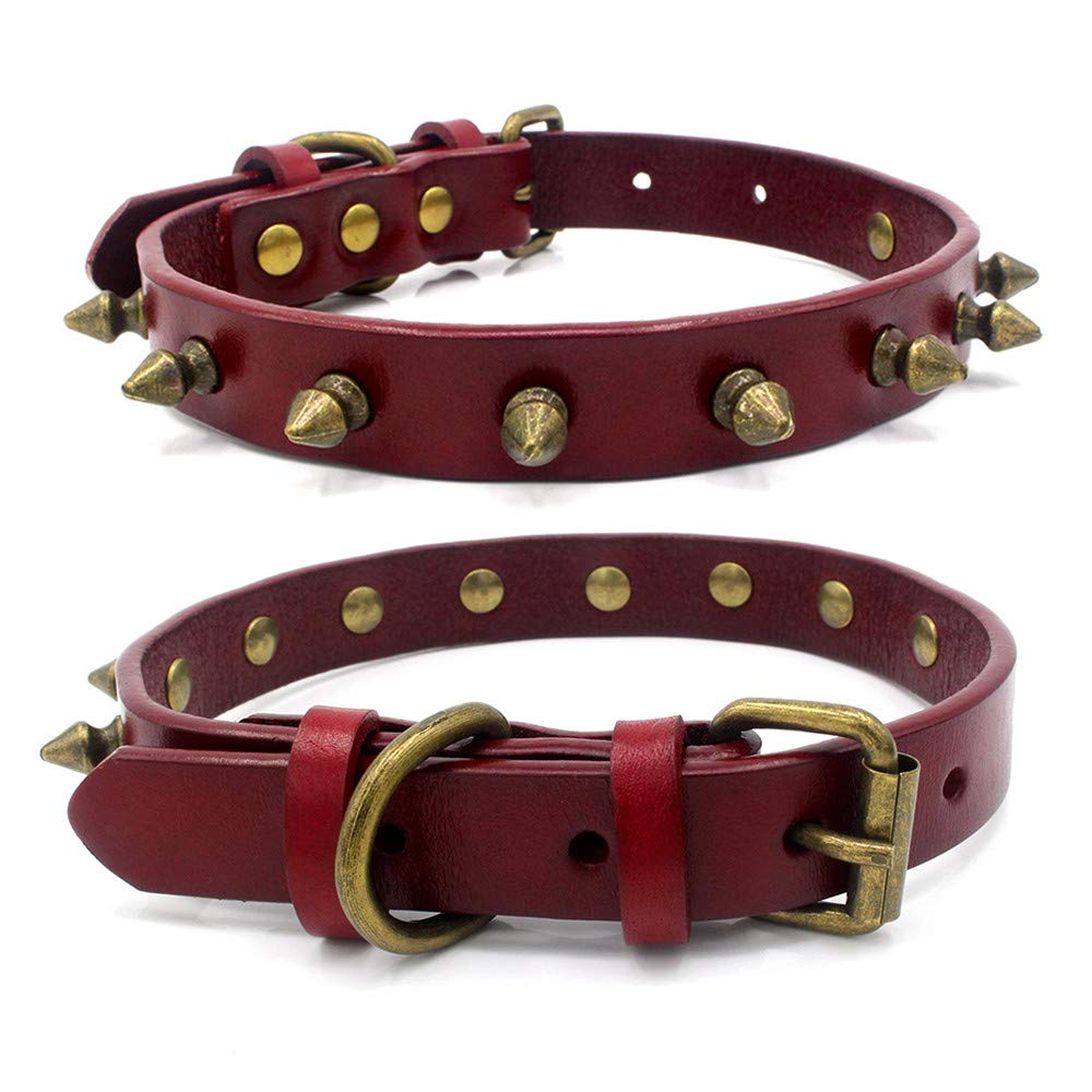 Punk Style Brass Spiked Dog Collar - Adjustable Studded Rivet Collar with Brass Buckle for Small Dogs (Red, 11-13