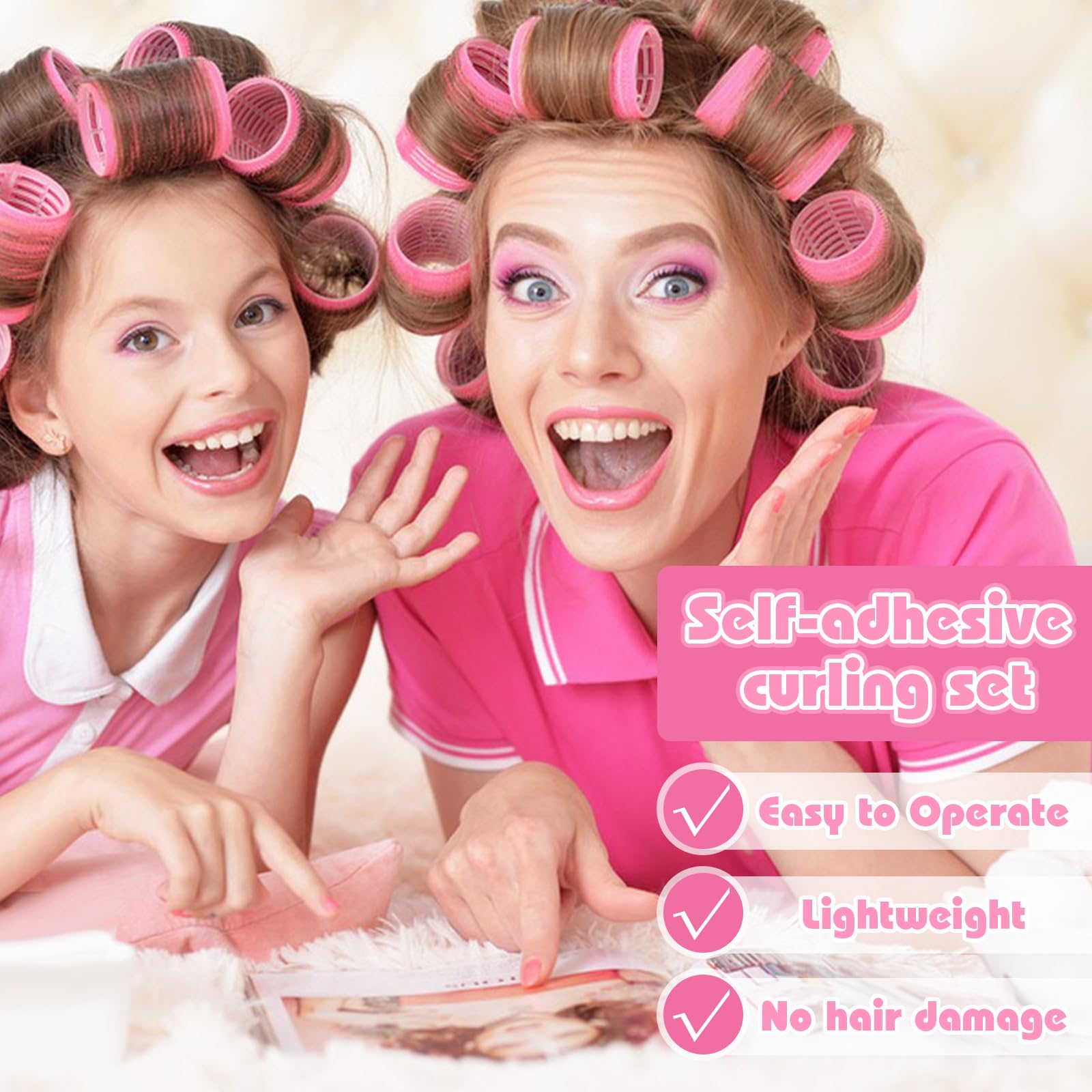 4 Sizes Self-Grip Hair Rollers Set - 16 Pink Hair Rollers for Women with 17 Hair Clips, Hair Pad & Rat Tail Comb - Volumizing Curlers for Long, Medium & Short Hair - Perfect for Home Styling, Salon Looks & Special Occasions