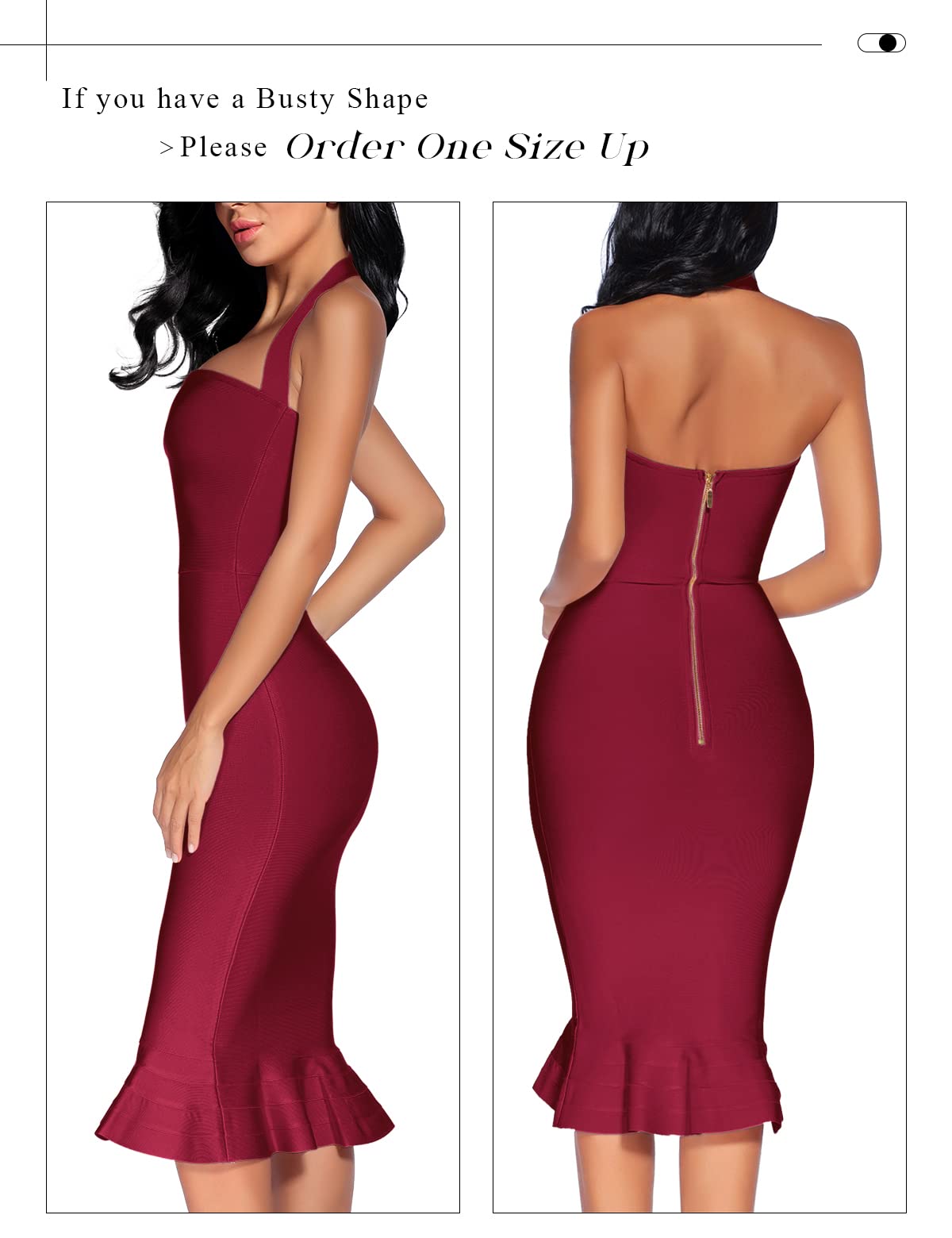 Houstil Women's Sexy V-Neck Halter Fishtail Bandage Bodycon Dress for Club, Party & Night Out - Stretchy Tight Midi Dress for Date Night, Cocktail Events & Special Occasions