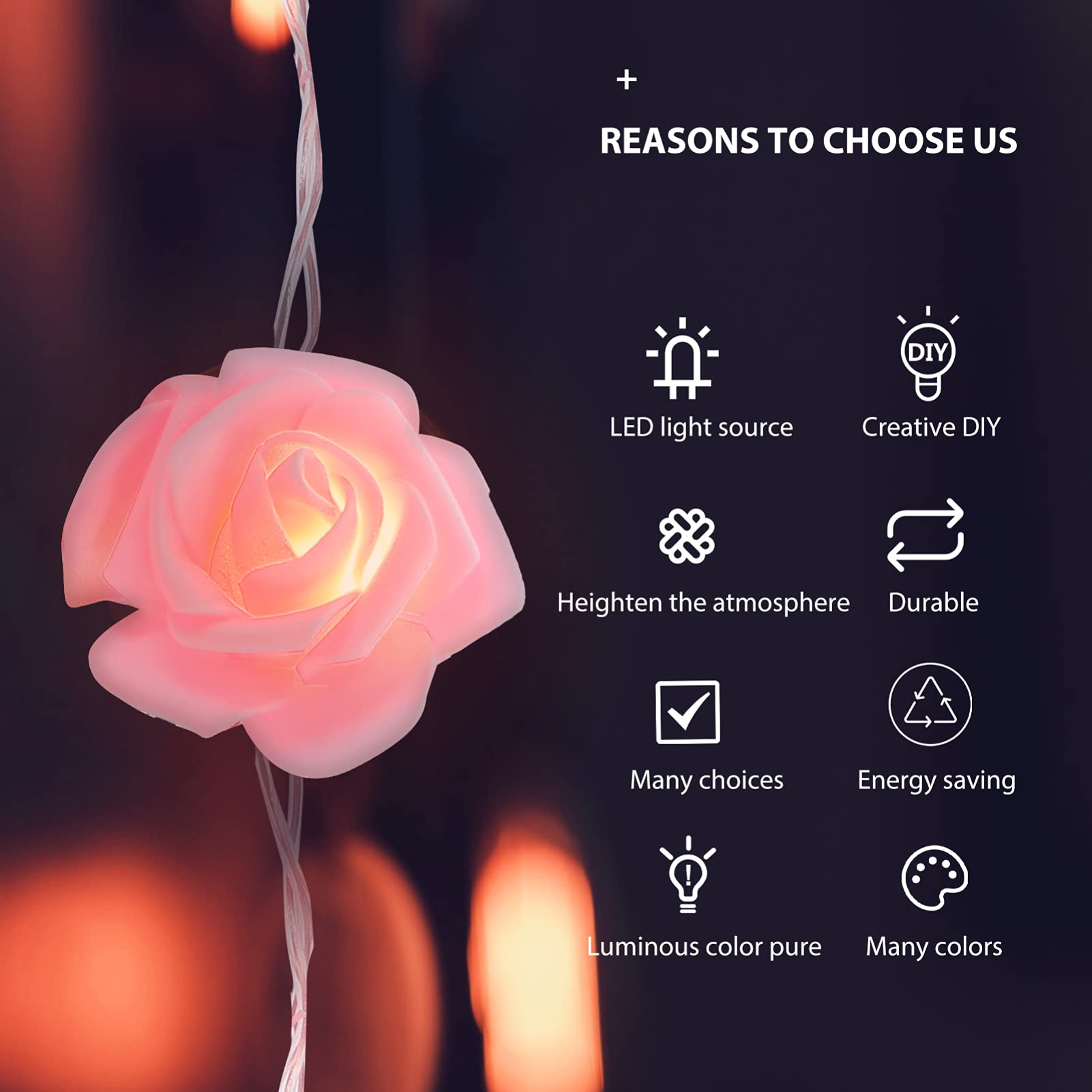 VOSAREA 20 LED Rose String Lights 3m USB - Pink for Wedding Party Decor