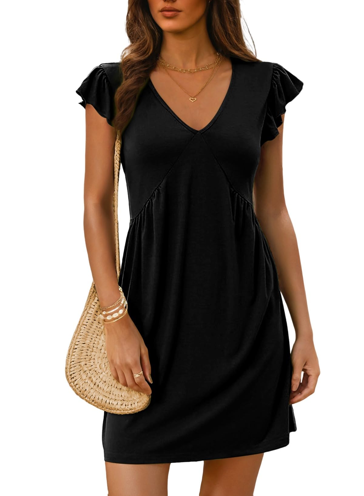 Dokotoo Women's Summer Dresses 2025 - Flowy Beach Sundress with Deep V-Neck & Ruffle Sleeves, Casual Loose Mini Dress for Vacation, Pool Party & Date Night