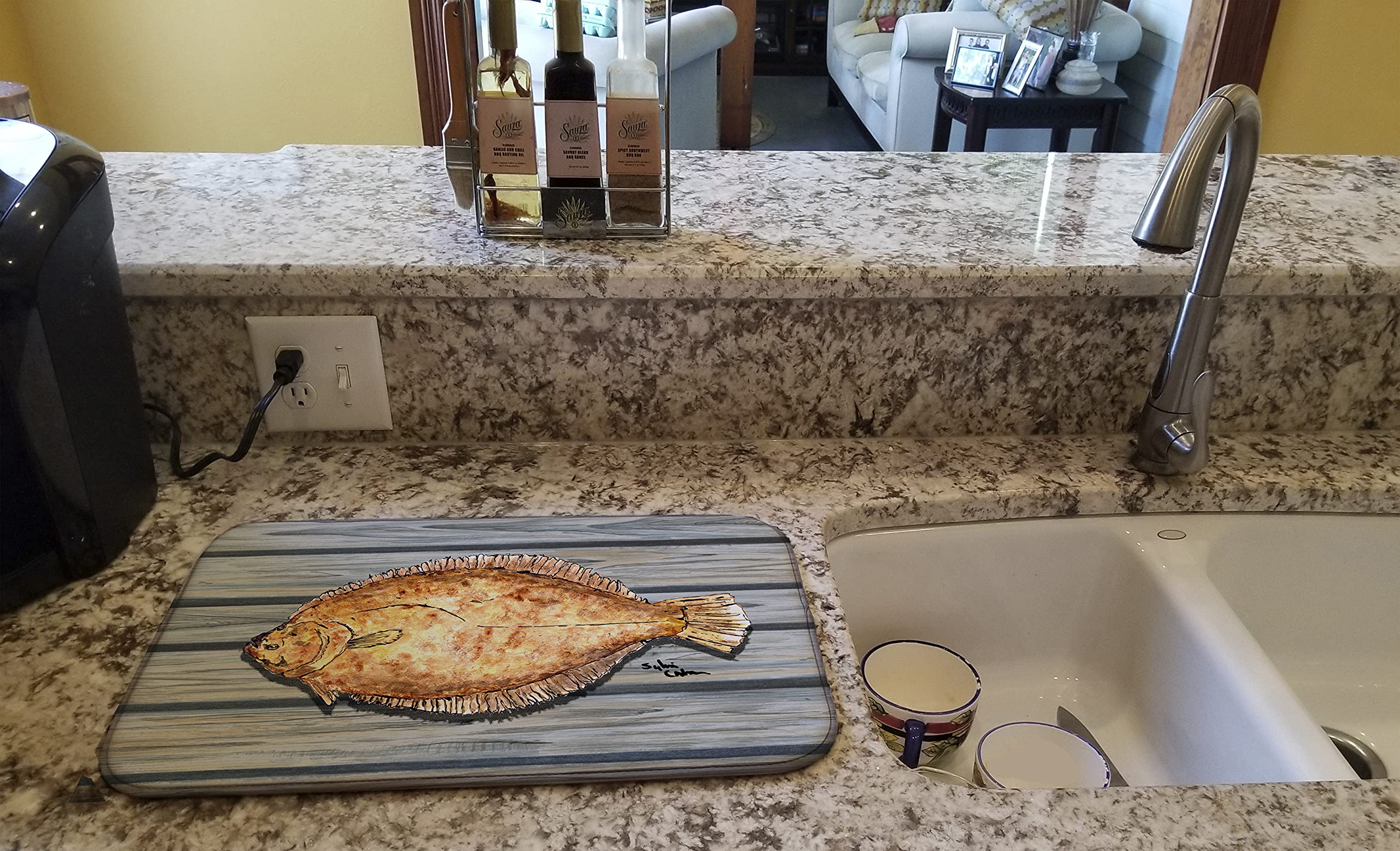 Absorbent Fish Flounder Dish Drying Mat for Kitchen Counter - 14 x 21 Inch Multicolor Non-Slip Dish Drainer Pad | Perfect for Drying Dishes, Utensils & Cookware on Countertops