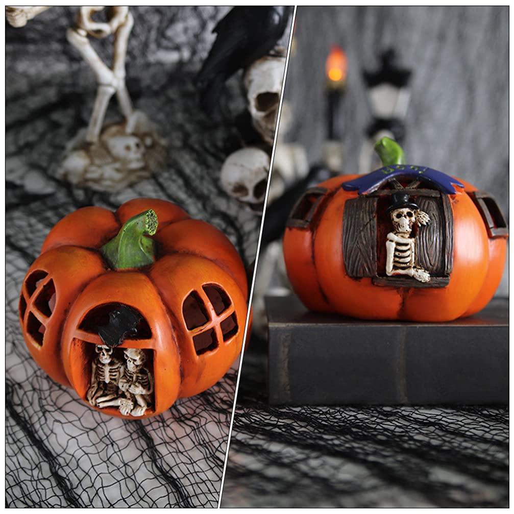 2pcs Halloween Pumpkin Table Lamp - Resin Jack-o-Lantern Night Light with Skull Design for Party Decor, Home & Office Halloween Decoration - Perfect for Spooky Atmosphere, Dinner Table Centerpiece & Holiday Lighting