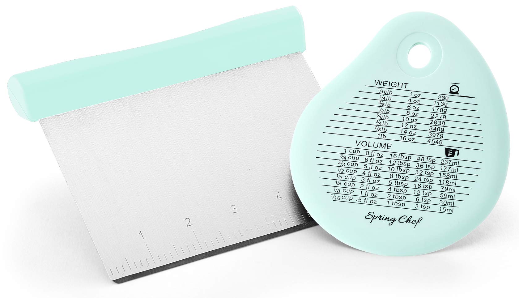Spring Chef Stainless Steel Bench Scraper & Dough Cutter - Multi-Purpose Kitchen Tool for Baking Pizza, Bread, Pies - Pastry Scraper with Measurement Markings - Perfect for Home Bakers & Professional Chefs (Mint Green)