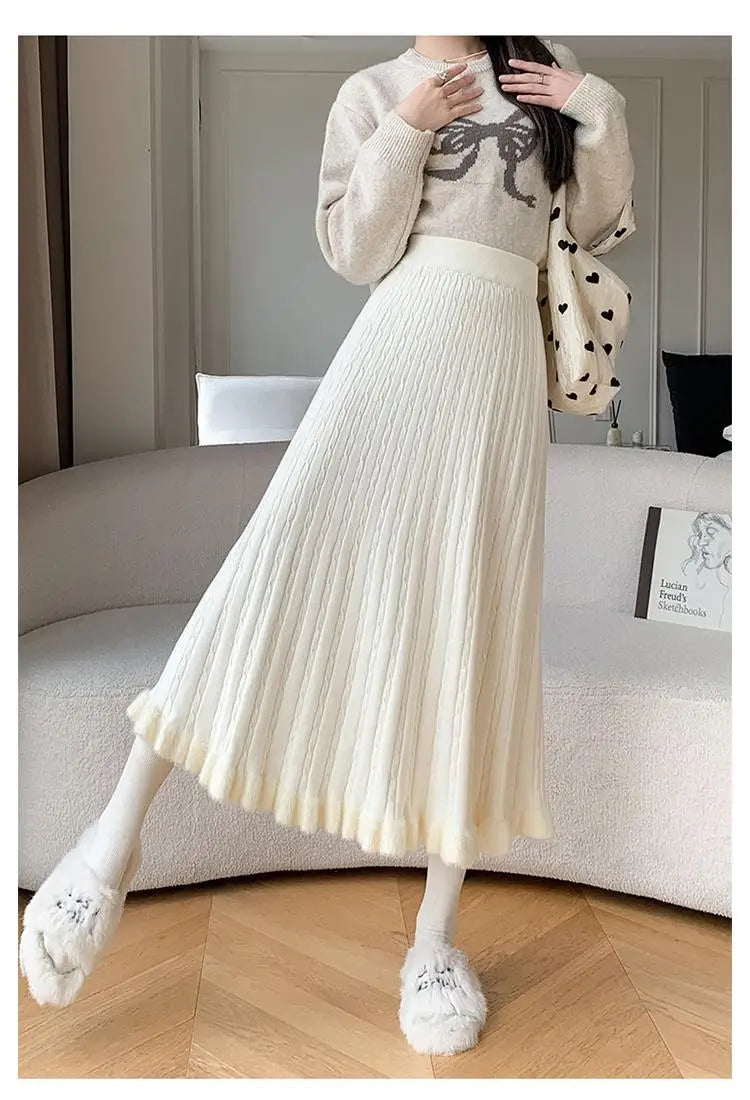 Women's High Waist Knitted Pleated Long Skirt - Black & White Elegant Fall Winter Fashion for Vacation, Office & Casual Wear