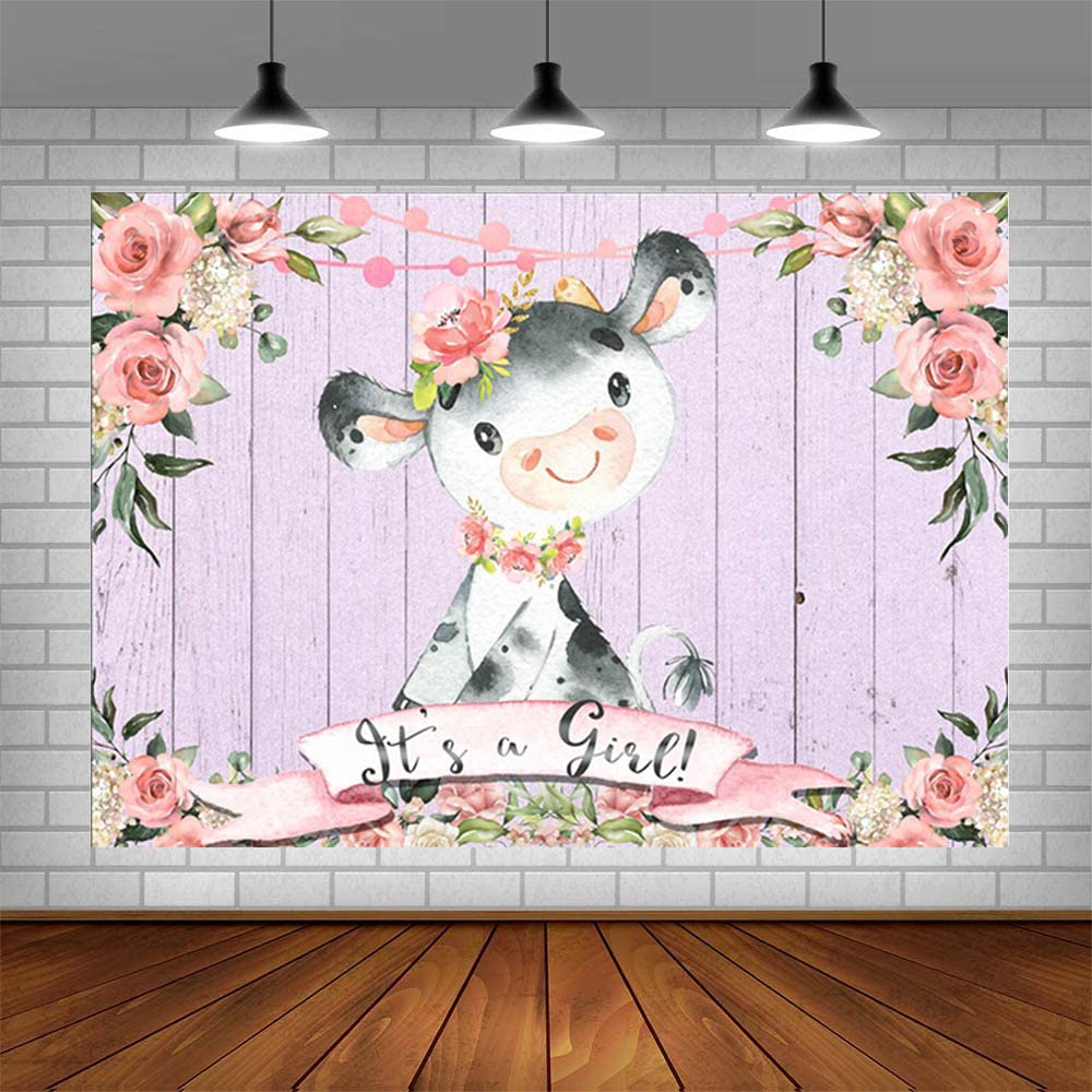 10x7ft Pink Floral Holy Cow Baby Shower Backdrop - Rustic Wood Photography Background for It's a Girl Party Decorations | Perfect for Baby Shower Photo Booth, Gender Reveal Events & Newborn Photography