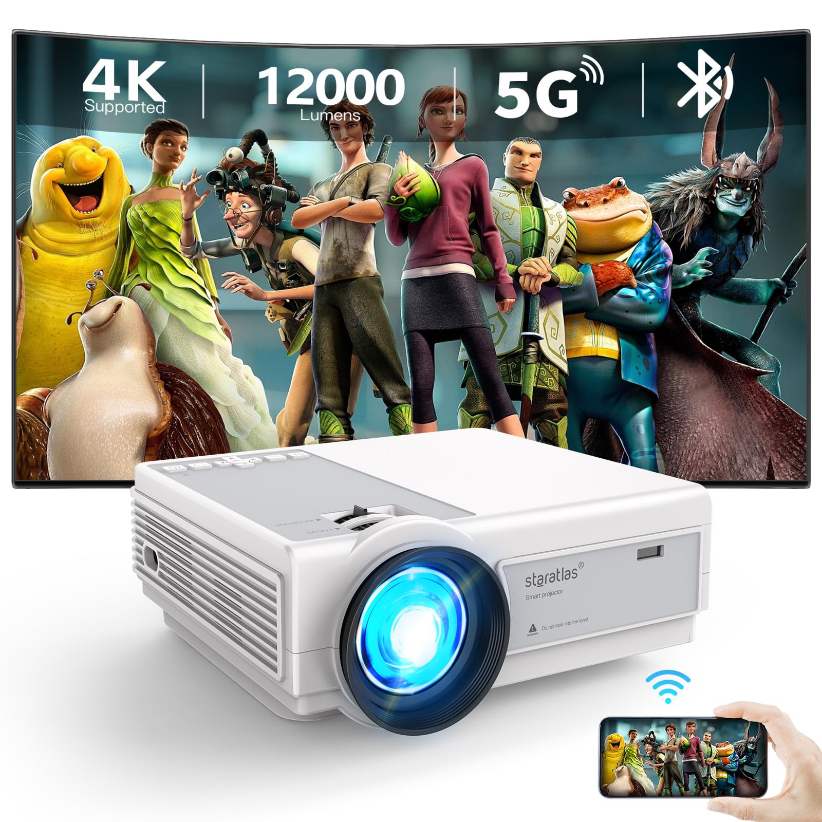 Staratlas 5G WiFi Bluetooth Projector - Native 1080P 12000L 4K Supported Mini Portable Outdoor Movie Projector for Home Theater, Compatible with HDMI/USB/PC/TV Box/iOS/Android - Perfect for Backyard Movie Nights, Gaming, and Presentations