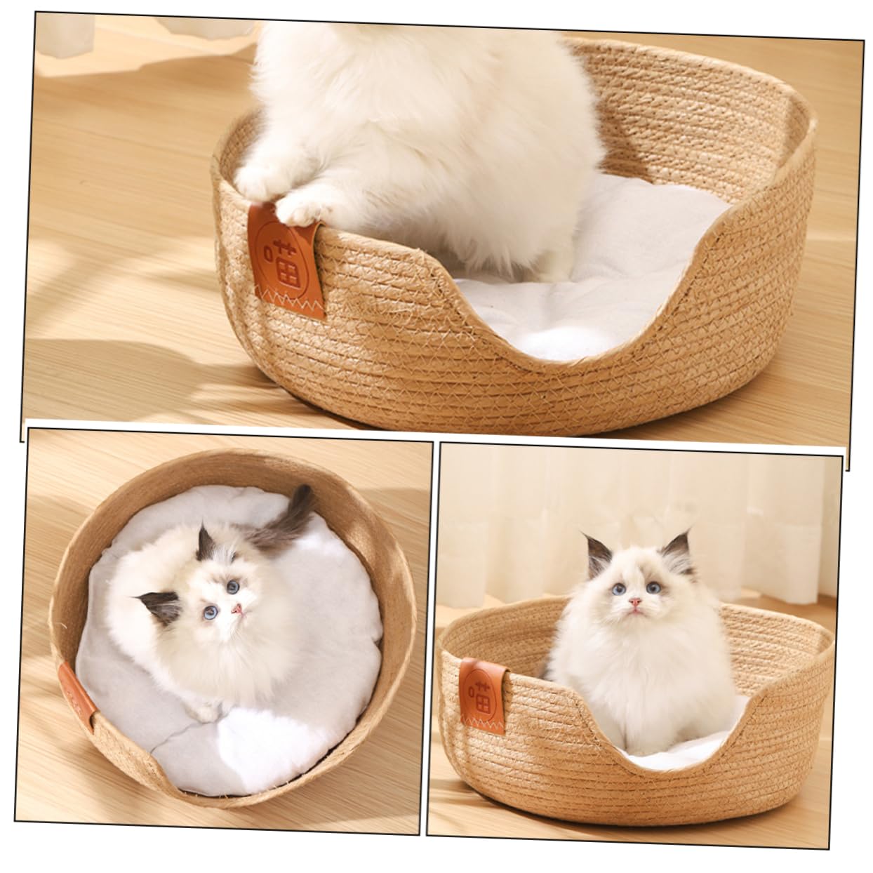 Eco-Friendly Straw Nest Cat Scratcher Bed - Washable Rattan Pet Bed with Cotton Mat for Cats & Small Dogs | Cozy Half-Enclosed Design for Indoor Lounging, Scratching & Napping