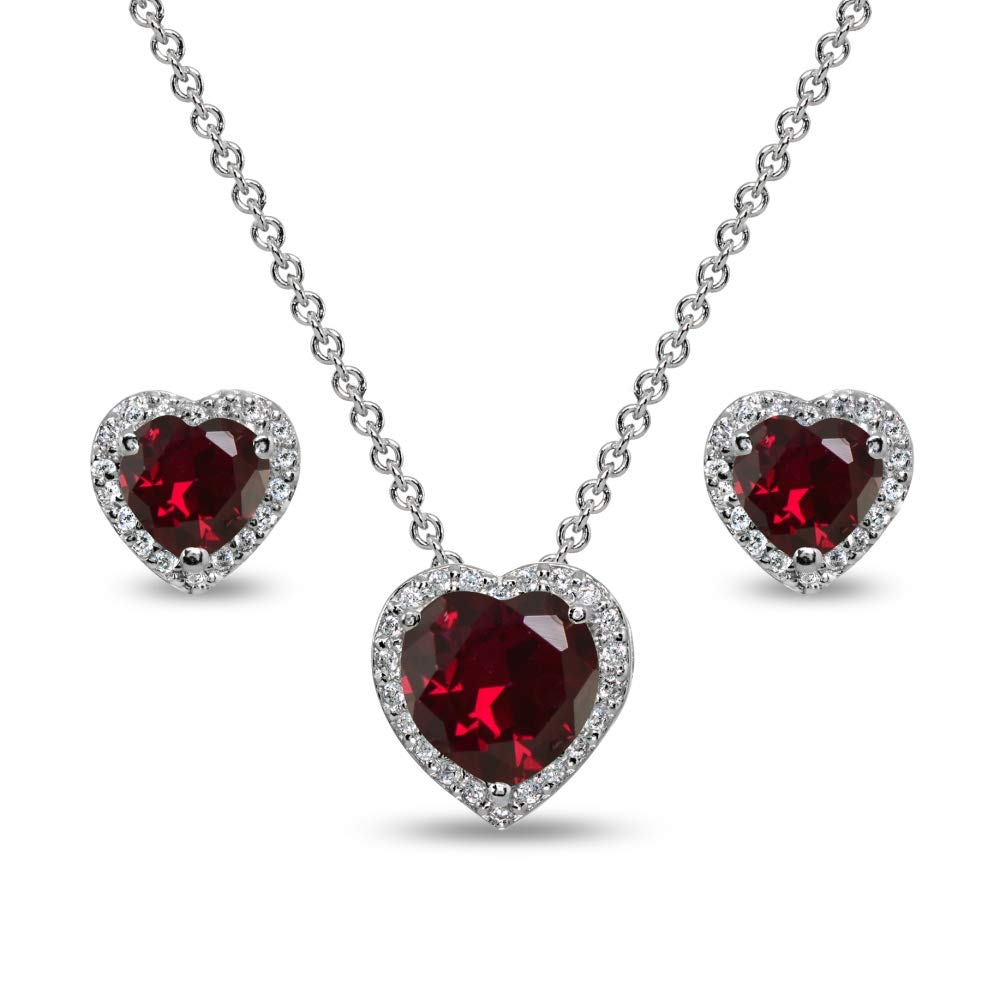 Genuine & Synthetic Gemstone Sterling Silver Halo Heart Necklace & Stud Earrings Set for Women - Perfect for Valentine's Day, Anniversary & Birthday Gifts