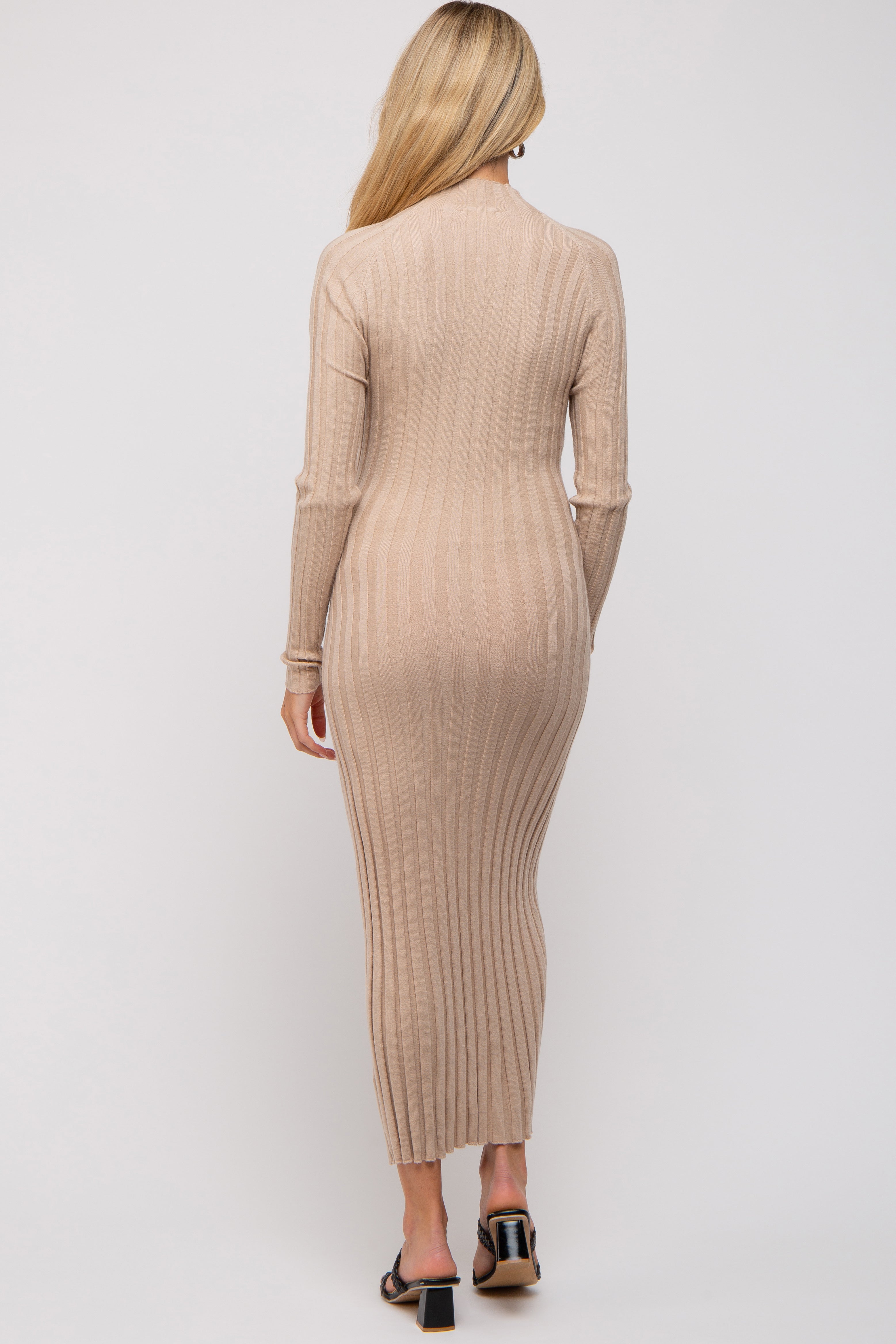 Beige Ribbed Turtle Neck Maternity Midi Dress for Pregnancy - Comfortable Stretchy Nursing Dress for Women, Perfect for Baby Shower, Maternity Photo Shoot & Everyday Wear