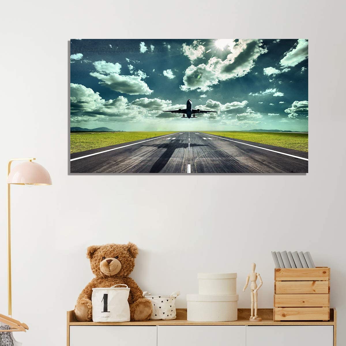 Plane Takeoff Landscape Canvas Wall Art - Framed Aviation Painting for Home, Office & Bedroom Decor - Ready to Hang - Perfect for Travel Enthusiasts & Pilot Gifts