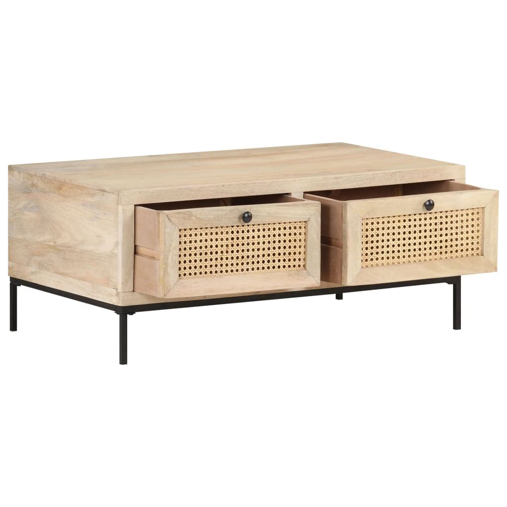 Industrial Style Coffee Table - Solid Mango Wood & Natural Cane Center Table with Storage, 35.4