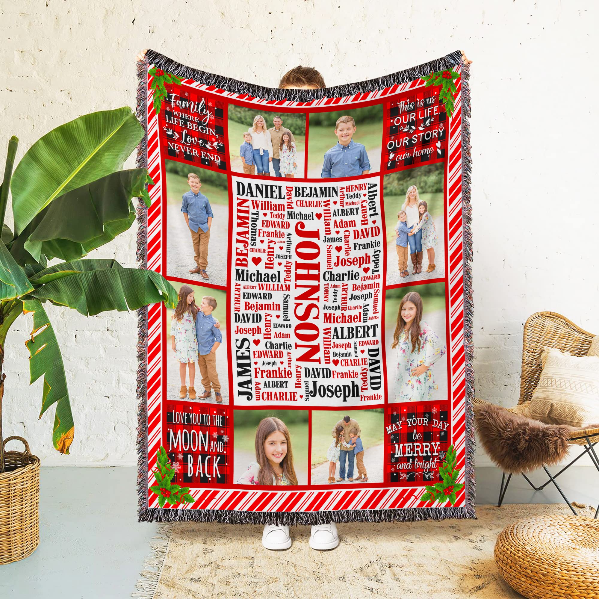 Custom Photo Blanket with Names - Personalized Family Blanket for Wedding, Anniversary, Christmas & Thanksgiving - 50x60 Inch Woven Throw Blanket for Home Decor, Gifts & Special Occasions
