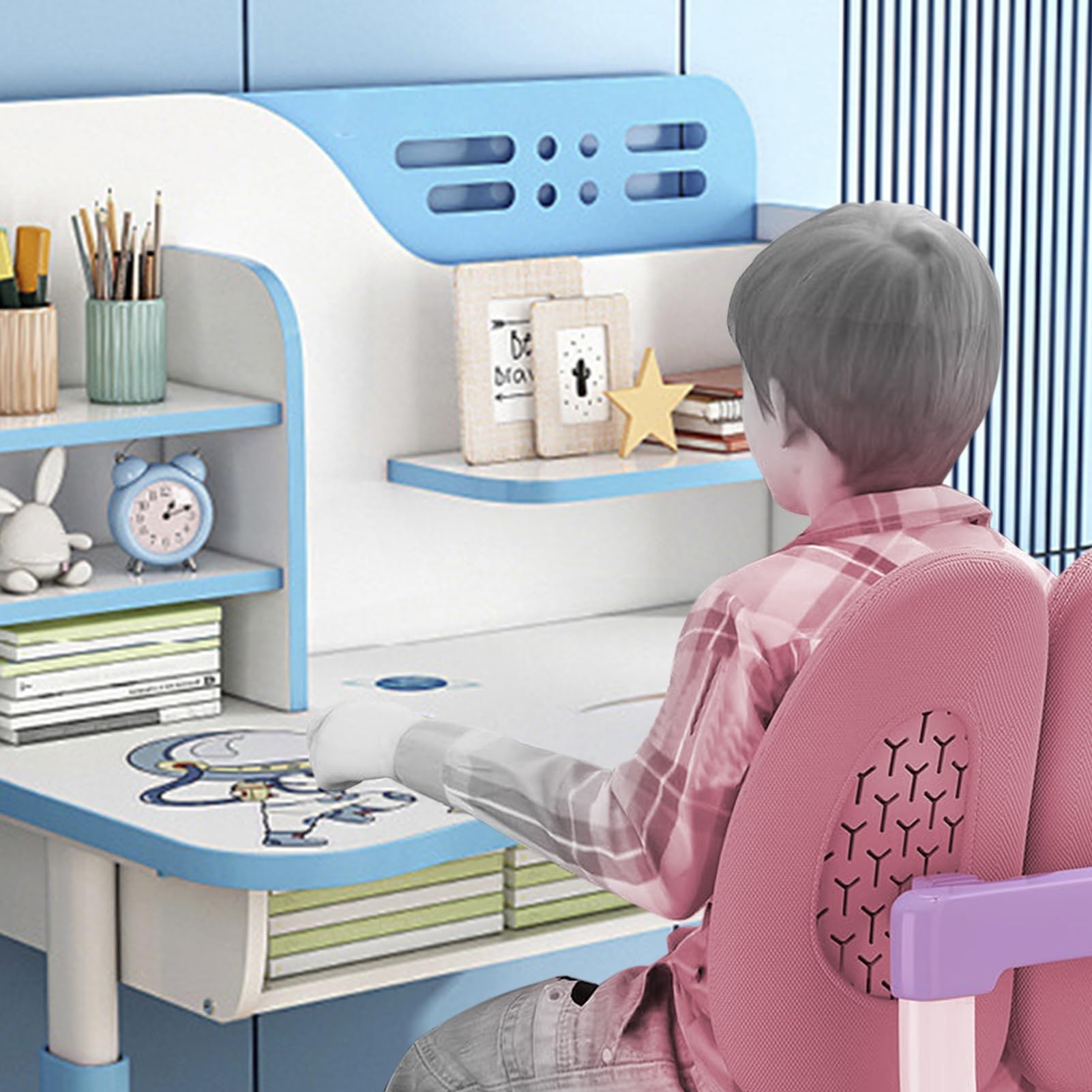 Adjustable Kids Desk and Chair Set for Girls - Ergonomic Study Table with Large Writing Board, Pull-Out Drawer & Book Stand - Perfect for School, Homework & Online Learning (Blue)