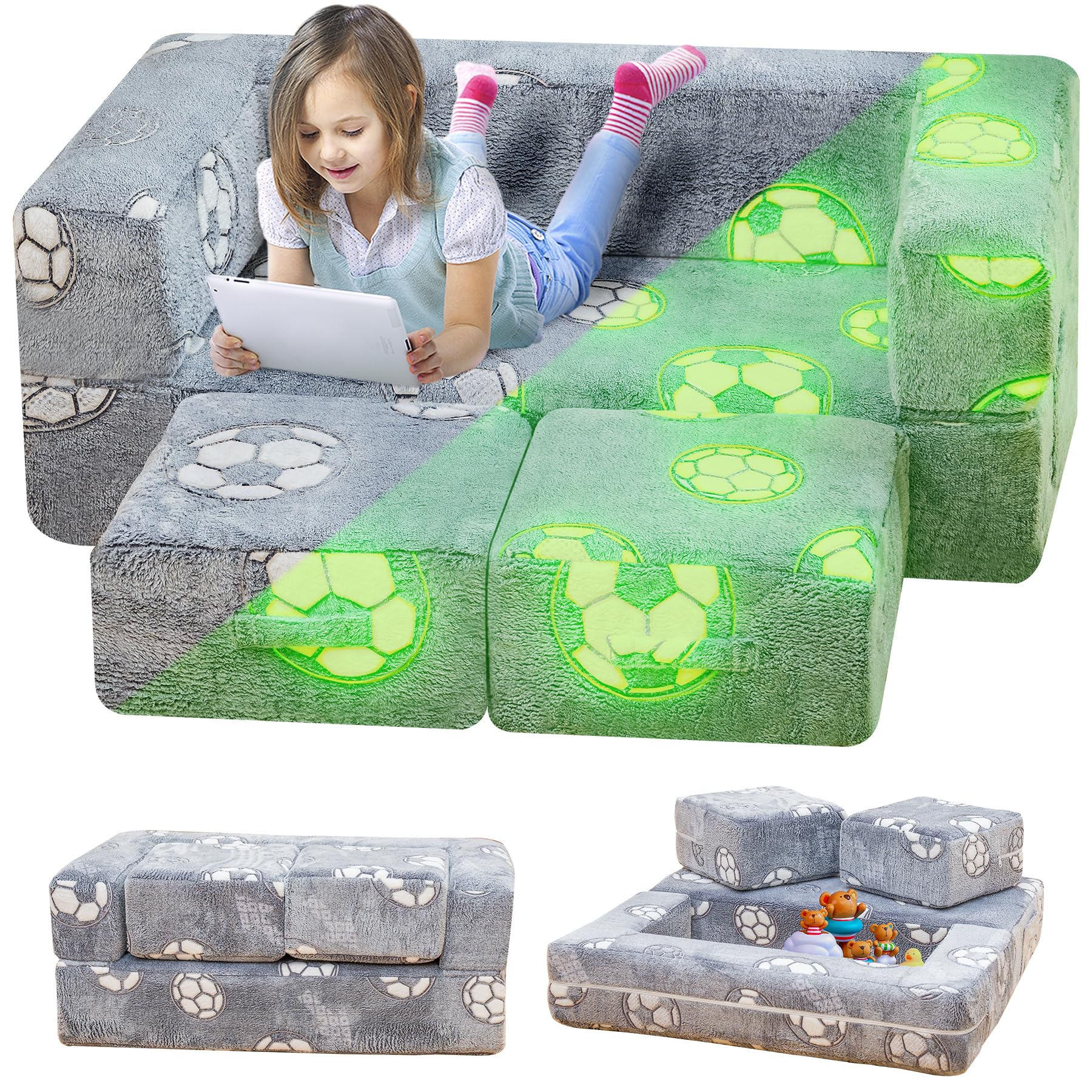 Glow in The Dark Toddler Play Couch - Convertible Fold Out Kids Sofa with Foam Floor Cushion for Playroom & Bedroom (Grey+Football Design) - Perfect for Sleepovers, Movie Nights & Indoor Playtime