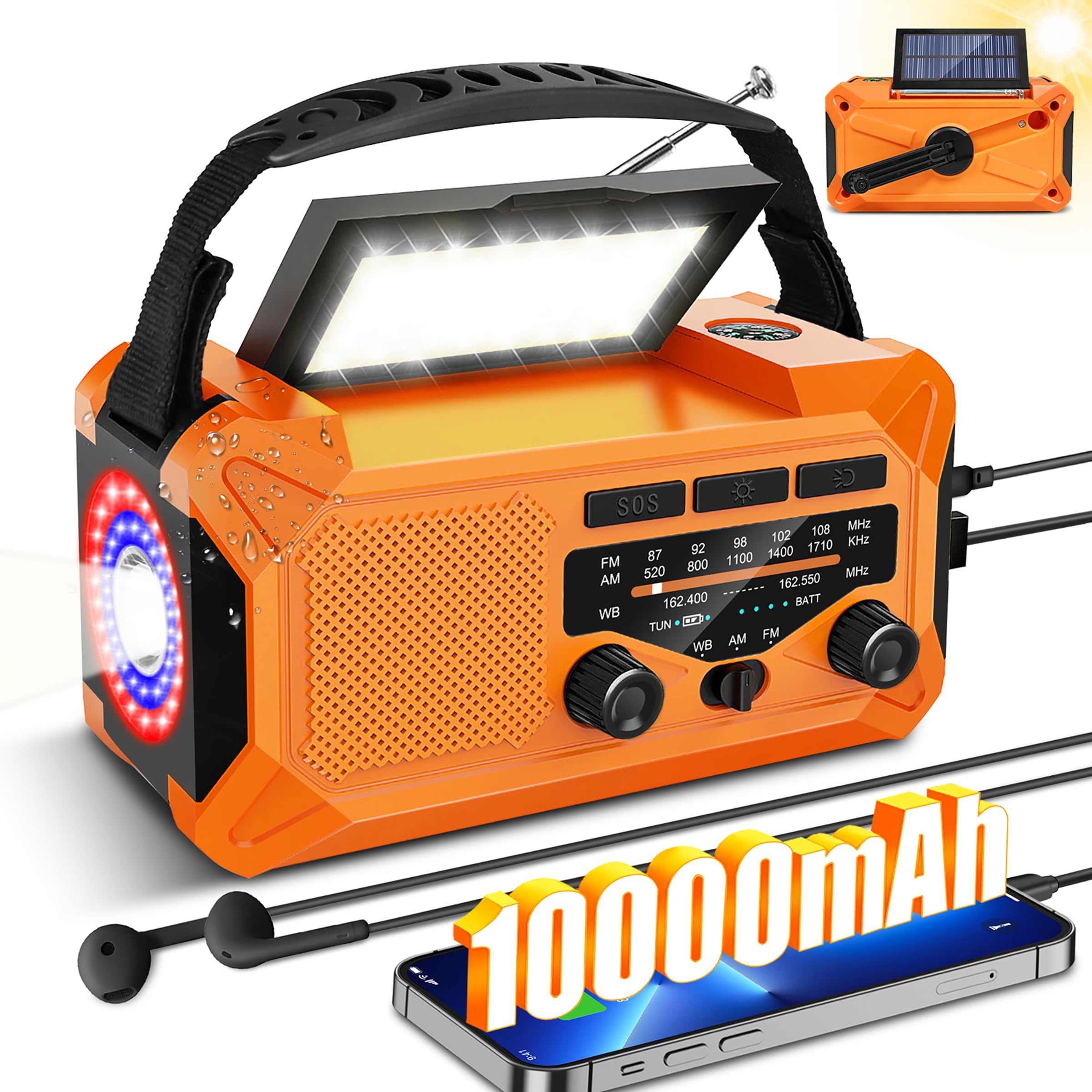 10000mAh Solar Emergency Weather Radio - Portable AM/FM/NOAA Radio with Hand Crank, LED Flashlight, Reading Lamp, Compass & Phone Charger - Perfect for Outdoor Camping, Hiking & Emergency Preparedness