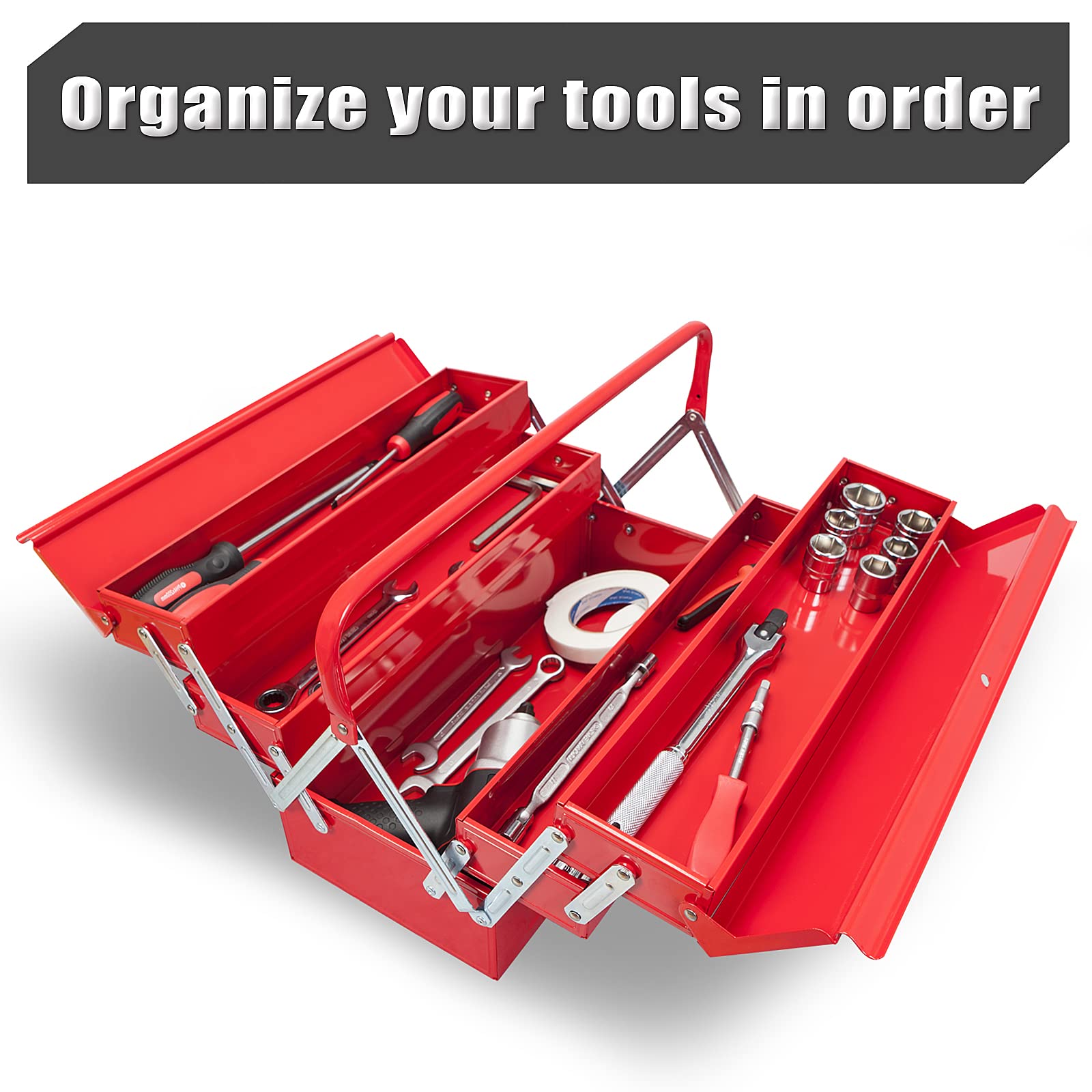 TCE 18 Inch Heavy Duty Metal Tool Box - Portable Steel Tool Storage Cabinet with 5 Cantilever Trays (ANTBC-128U, Red) - Perfect for Mechanics, DIY Projects & Workshop Organization