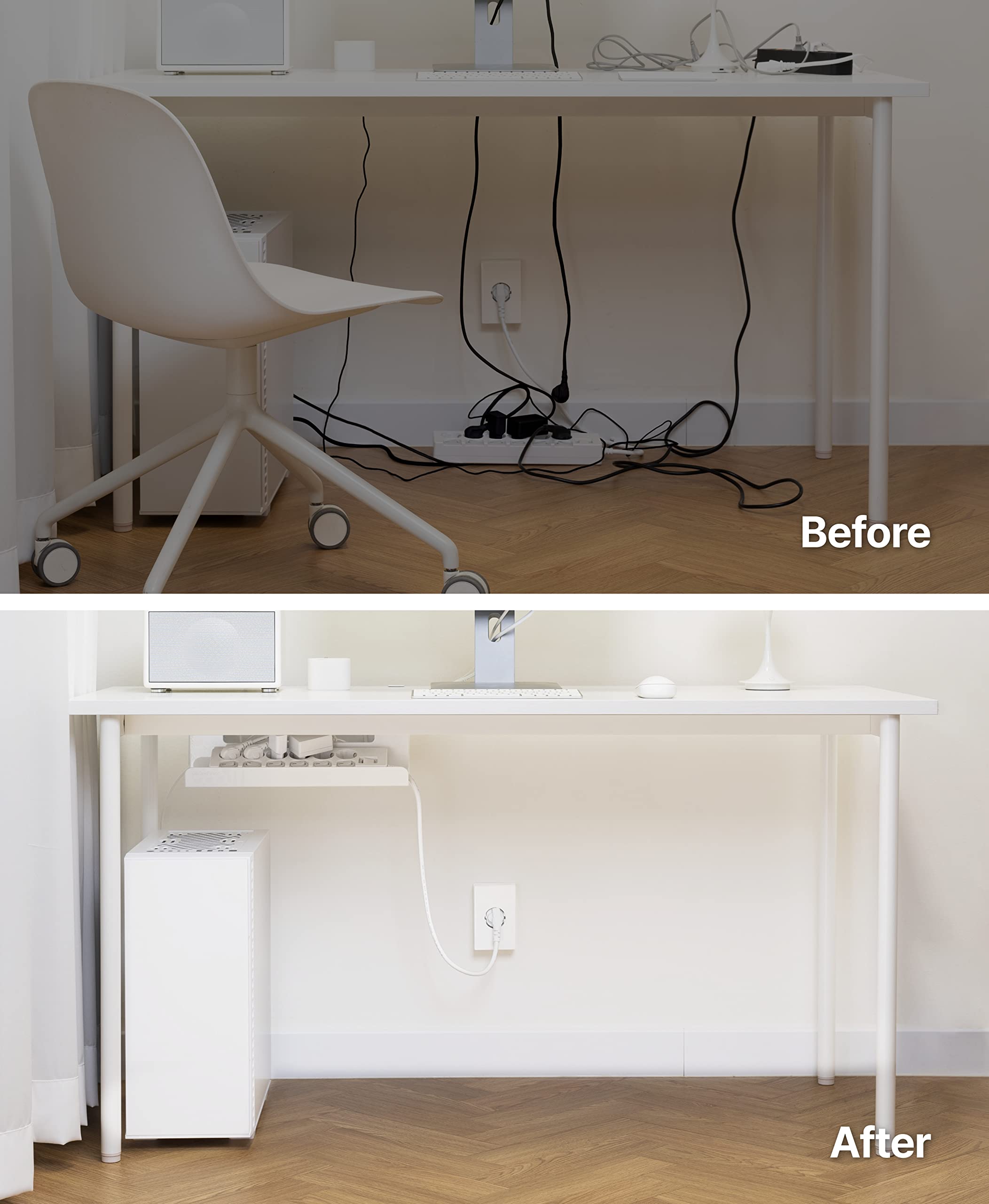 Under Desk Cable Management Tray - No Drill Wire Organizer & Cord Hider for Office, Home Desk - White Cable Manager for Computer, TV, Gaming Setup
