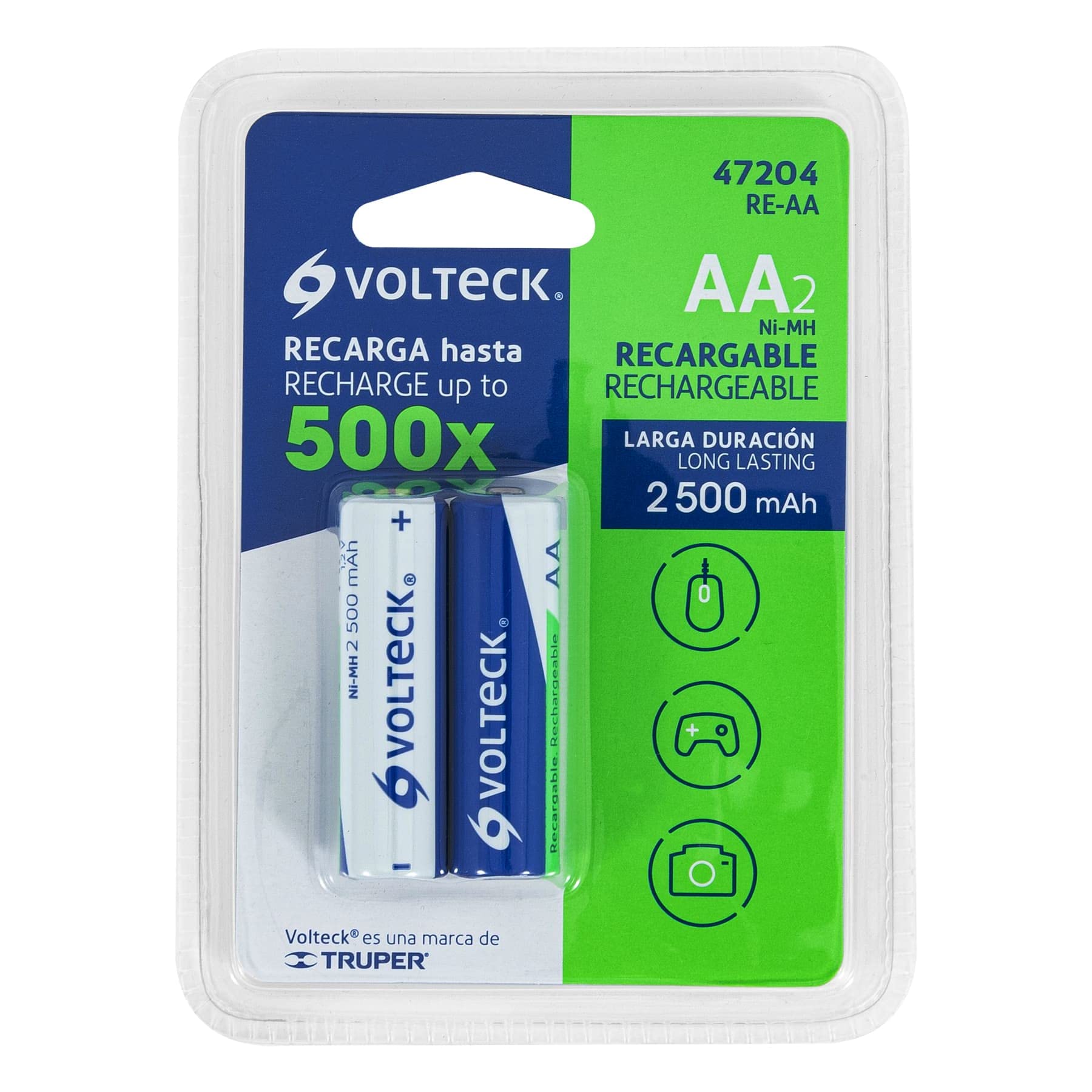 High-Capacity Rechargeable AA Batteries 2500mAh - 2 Pack for Cameras, Flashlights & Electronics - Long Lasting Power