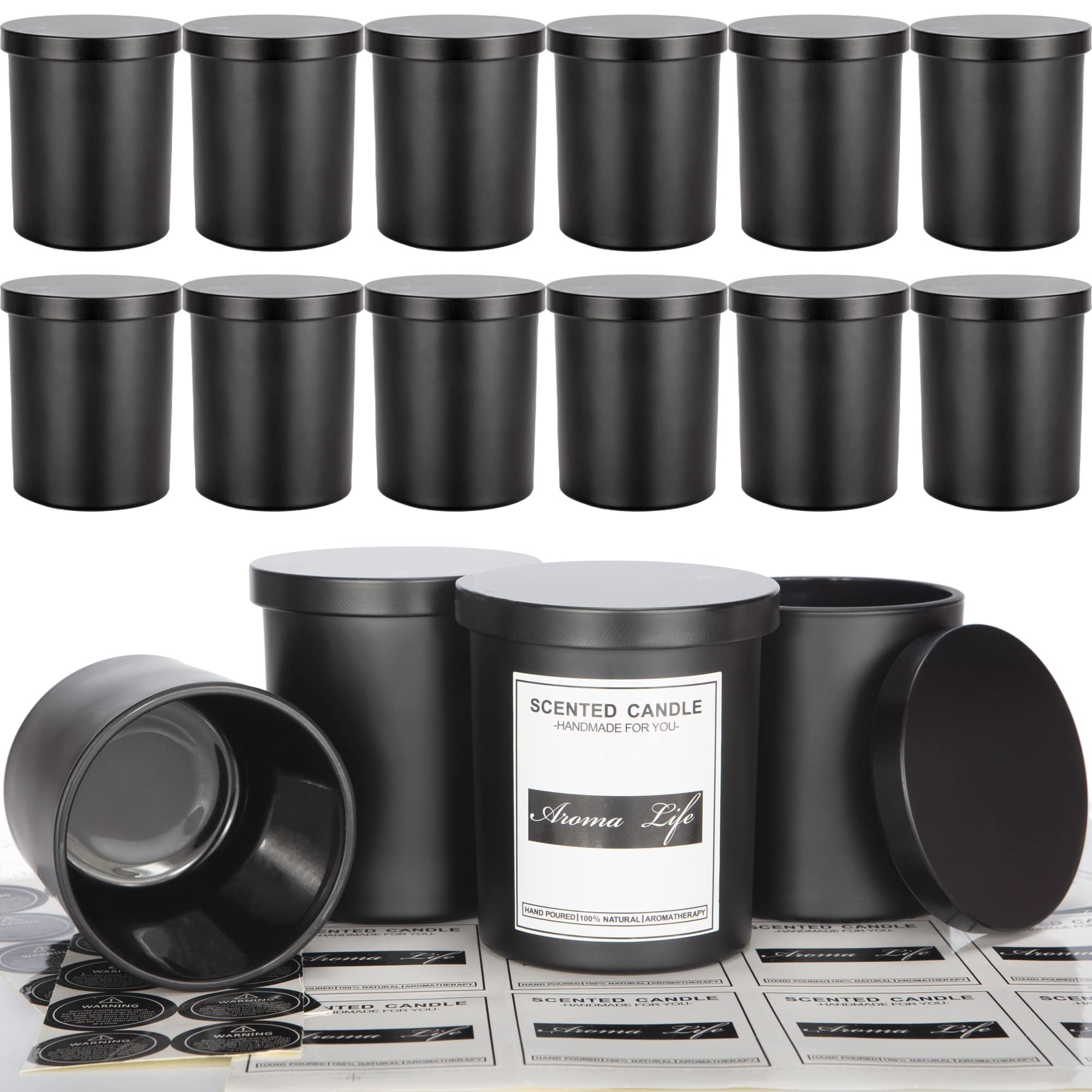 Creahaus 10oz (16 Pack) Thick Black Candle Jars with Metal Lids - Heat Resistant Empty Glass Containers for DIY Candle Making, Wax Melting & Home Decor - Includes Matte Black Jars, Sticky Labels & Warming Labels Kit