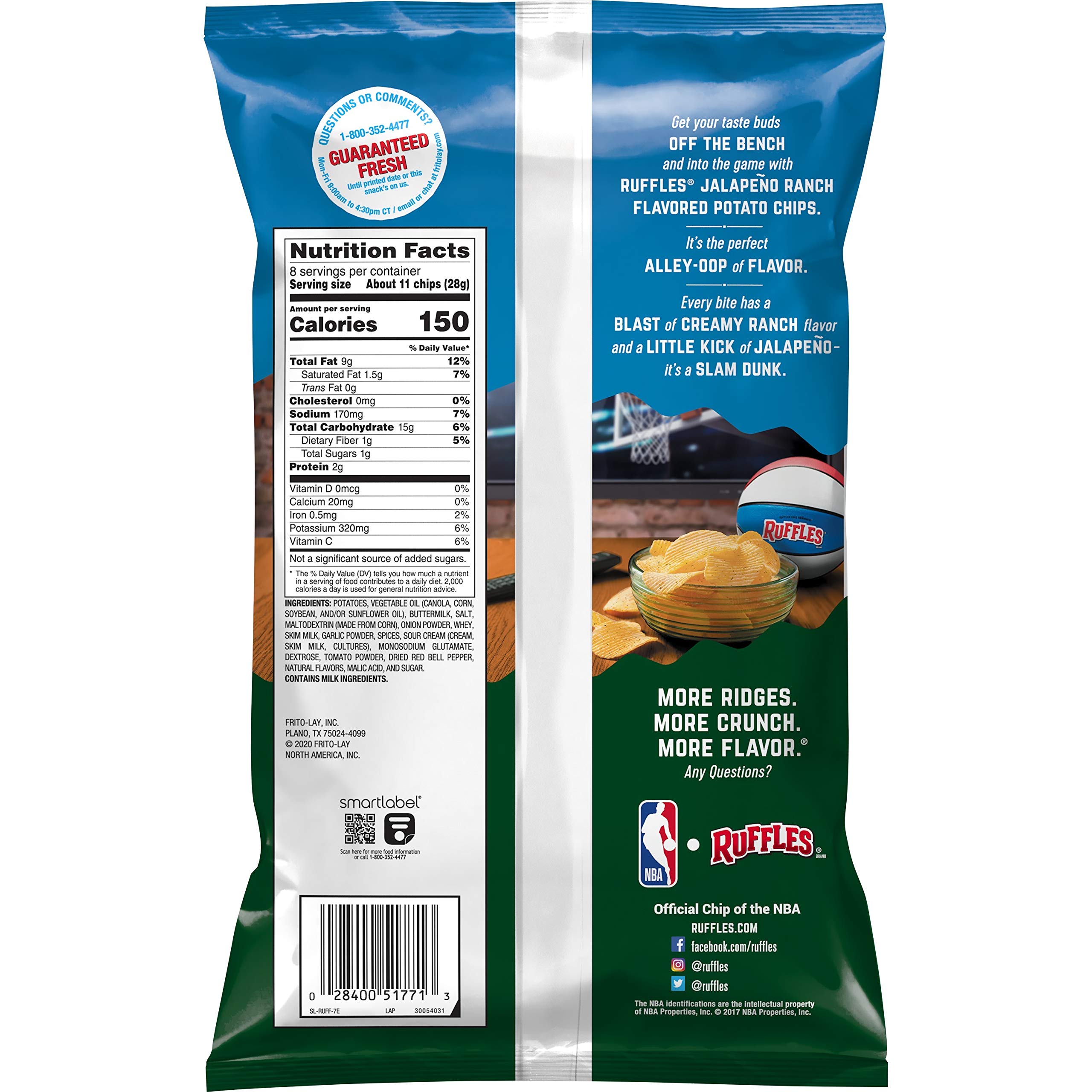 Ruffles Jalapeno Ranch Flavored Potato Chips - Crunchy Snacks, 8 Oz Bag - Perfect for Parties, Movie Nights & On-the-Go Snacking